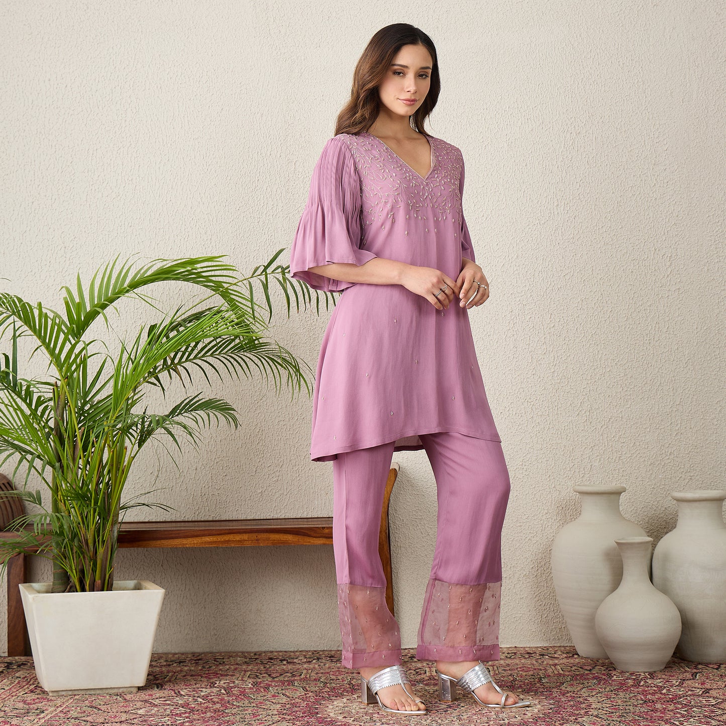 Lavender Floral Hand Embroidered Top with Pants Set