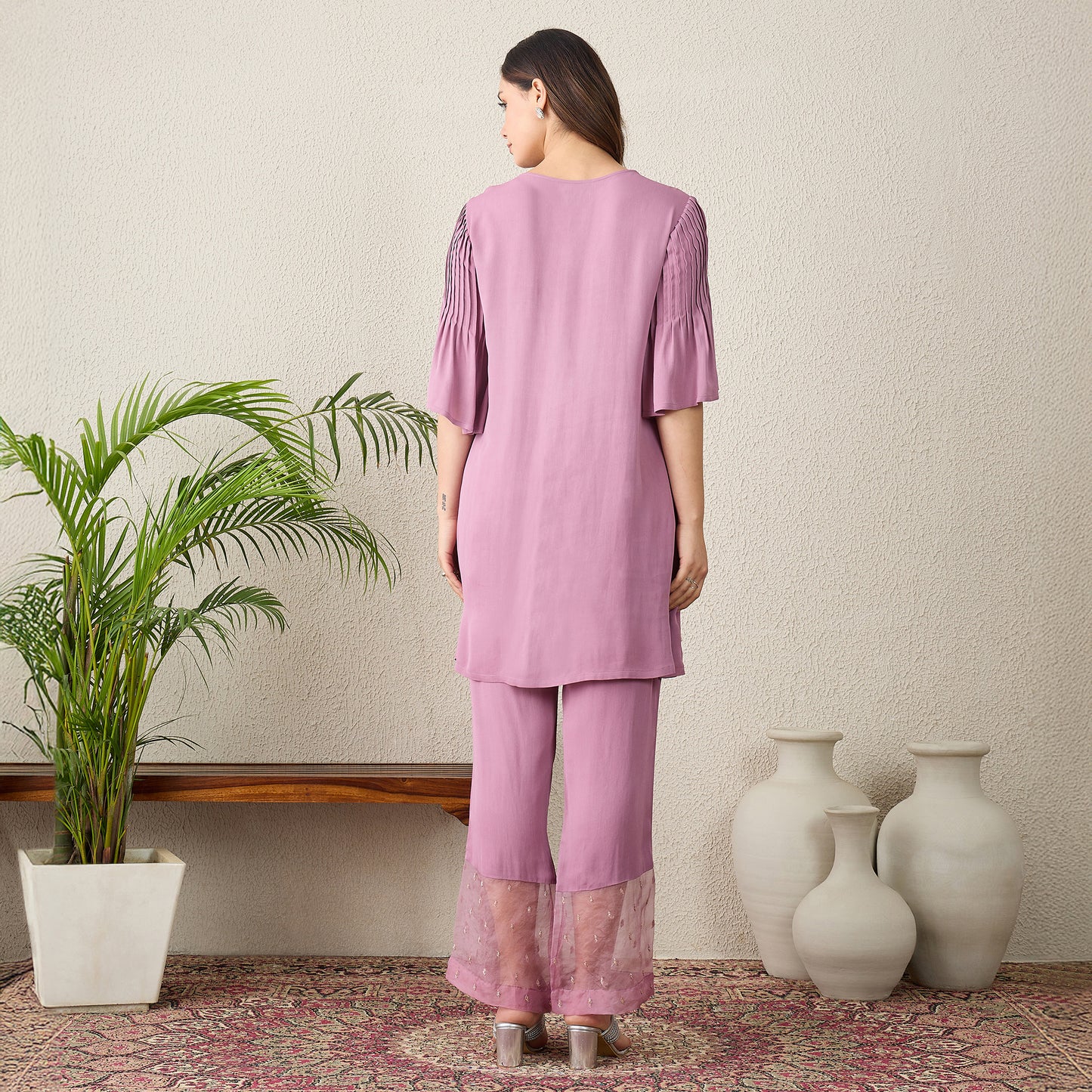 Lavender Floral Hand Embroidered Top with Pants Set