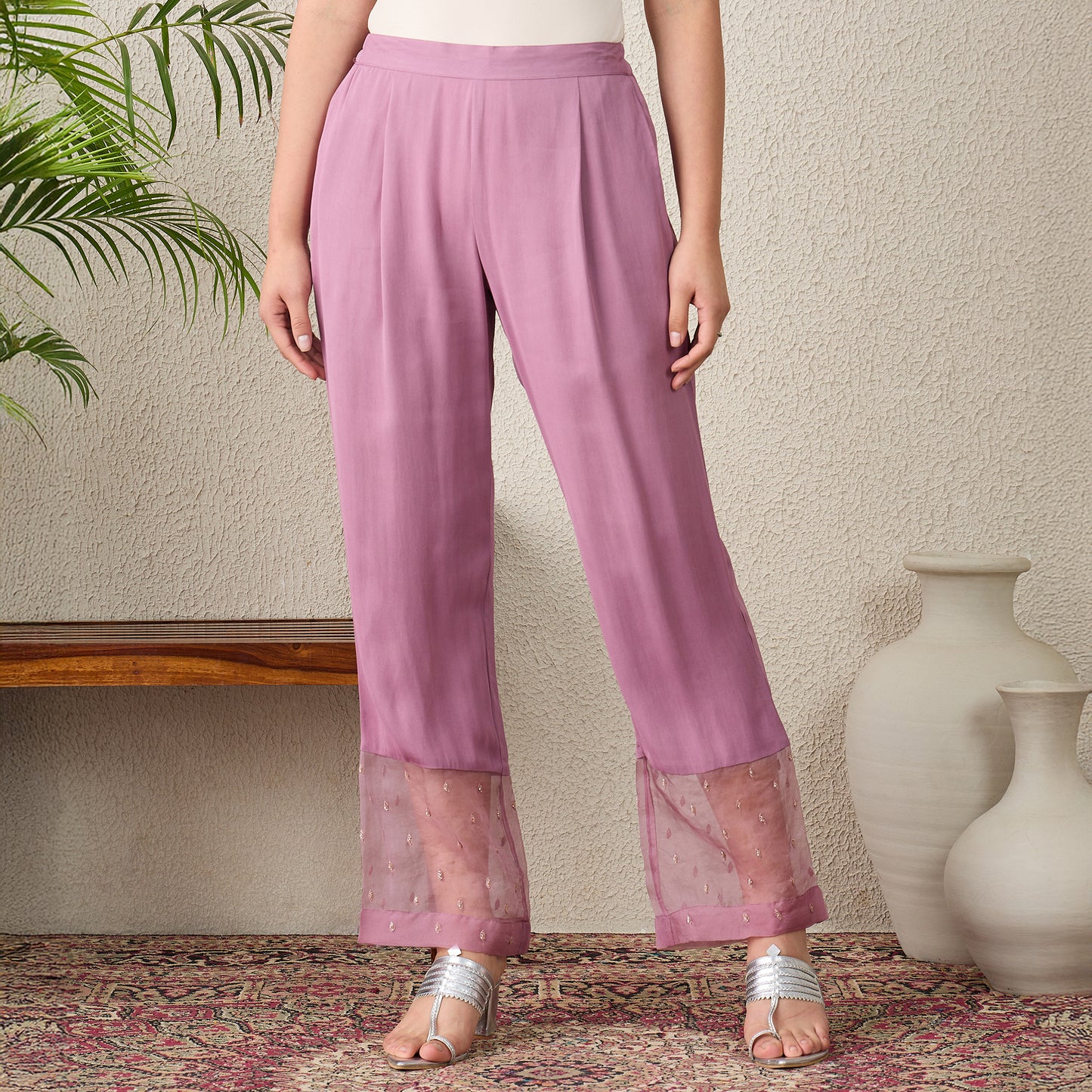 Lavender Floral Hand Embroidered Top with Pants Set