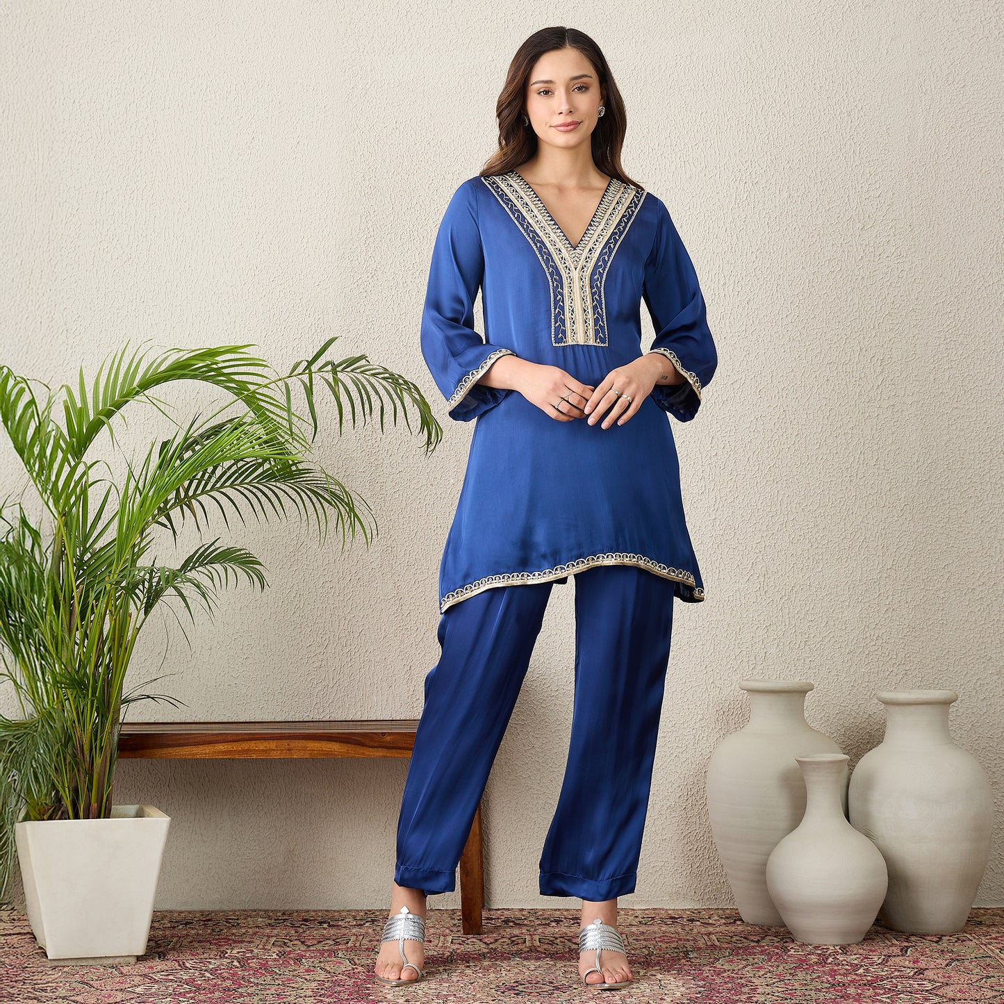 Navy Blue Hand Embroidered Satin Kurta Set