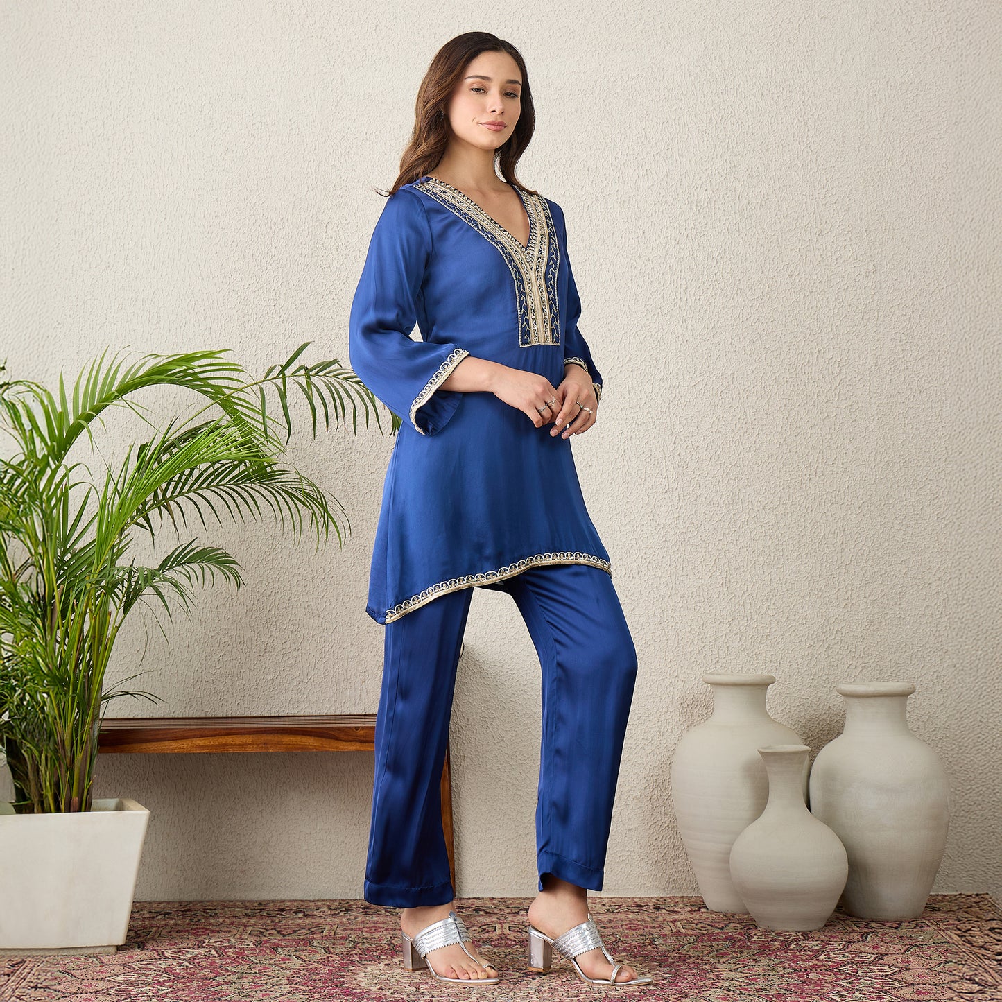 Navy Blue Hand Embroidered Satin Kurta Set