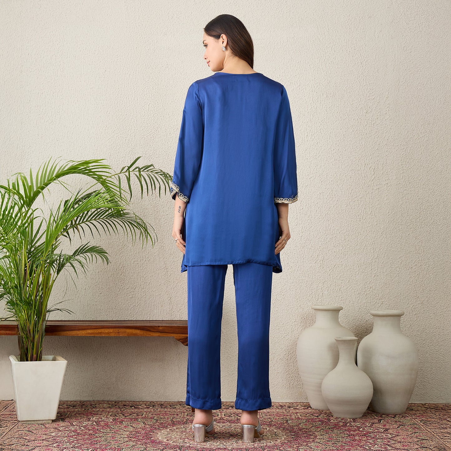 Navy Blue Hand Embroidered Satin Kurta Set