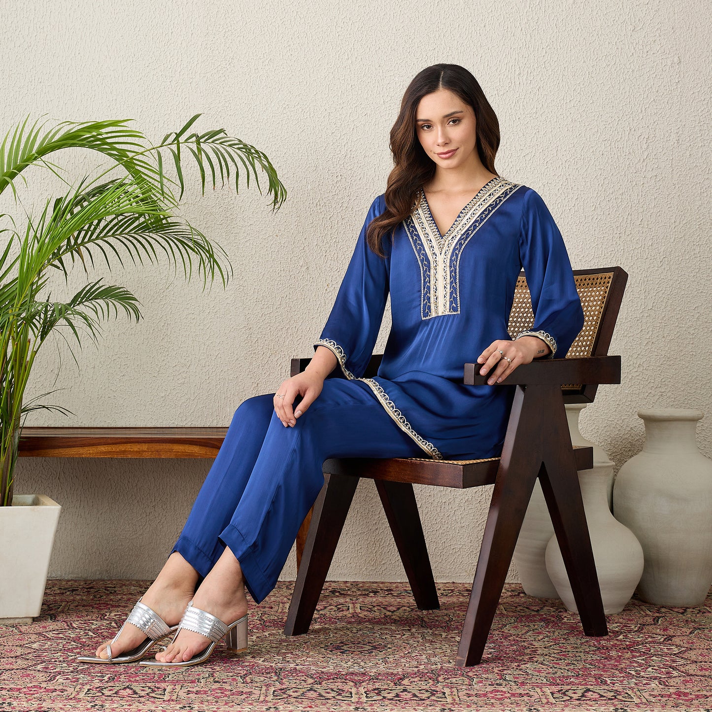 Navy Blue Hand Embroidered Satin Kurta Set