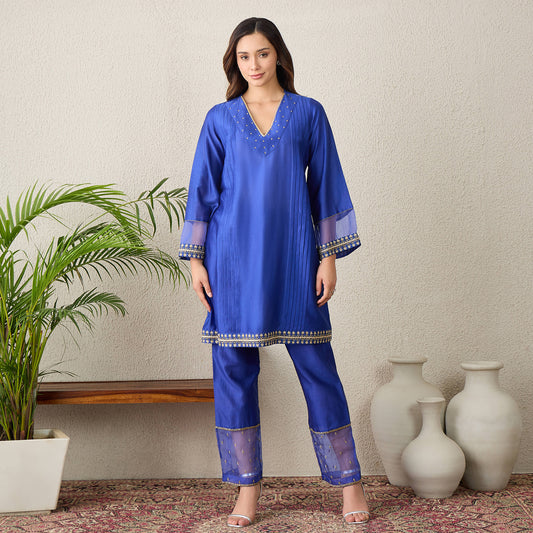 Navy Blue Hand Embroidered Pleated Kurta Set