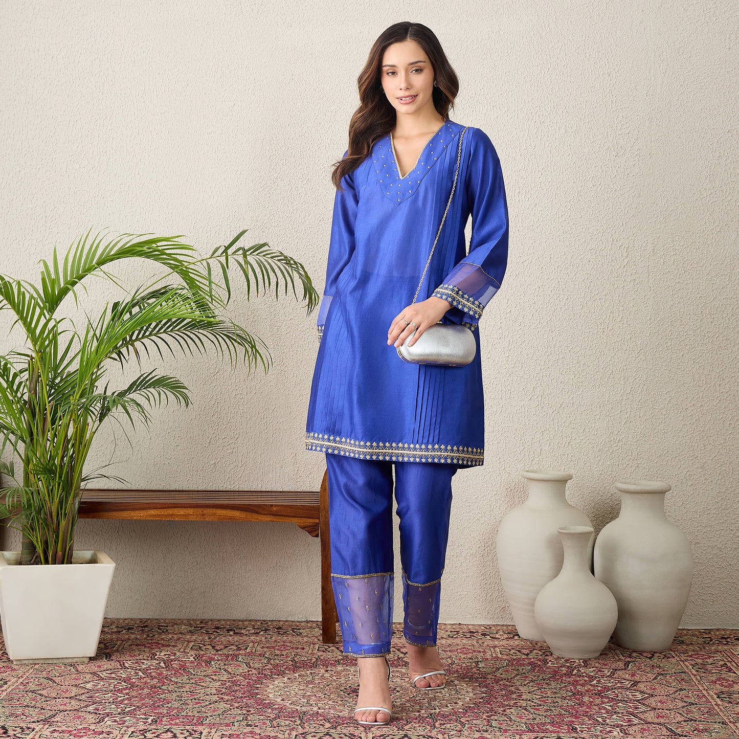 Navy Blue Hand Embroidered Pleated Kurta Set