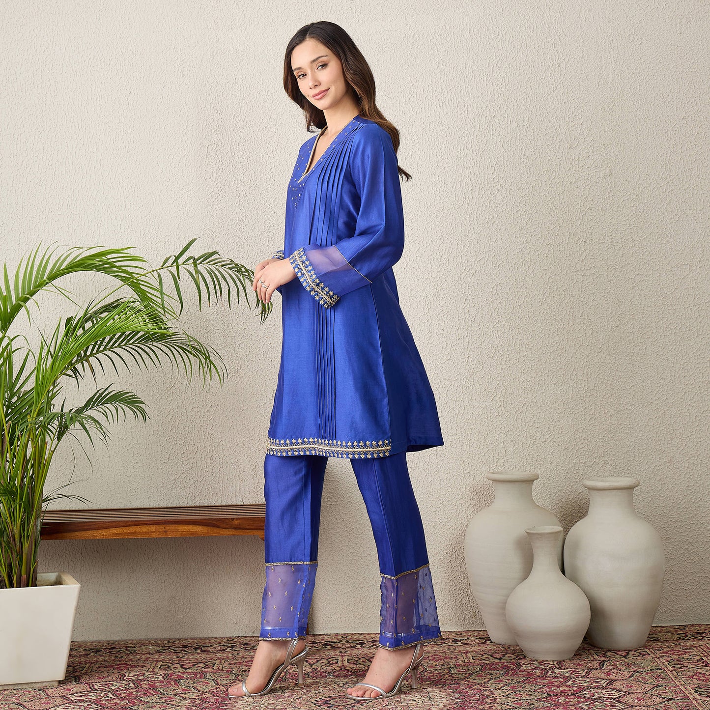 Navy Blue Hand Embroidered Pleated Kurta Set