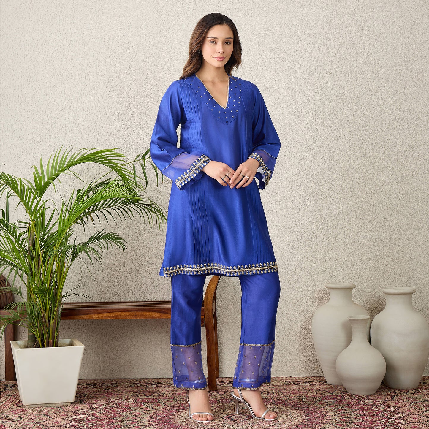 Navy Blue Hand Embroidered Pleated Kurta Set