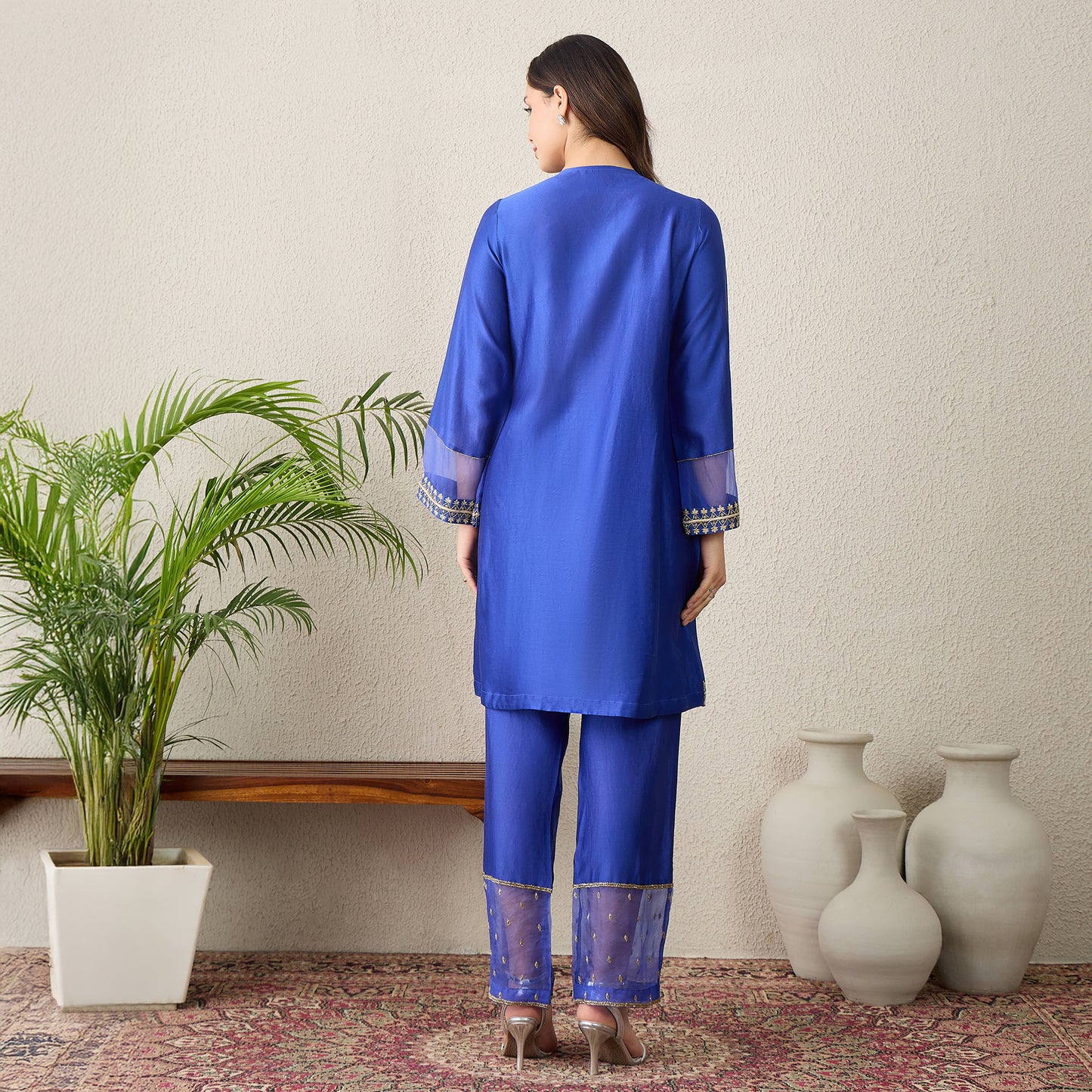 Navy Blue Hand Embroidered Pleated Kurta Set