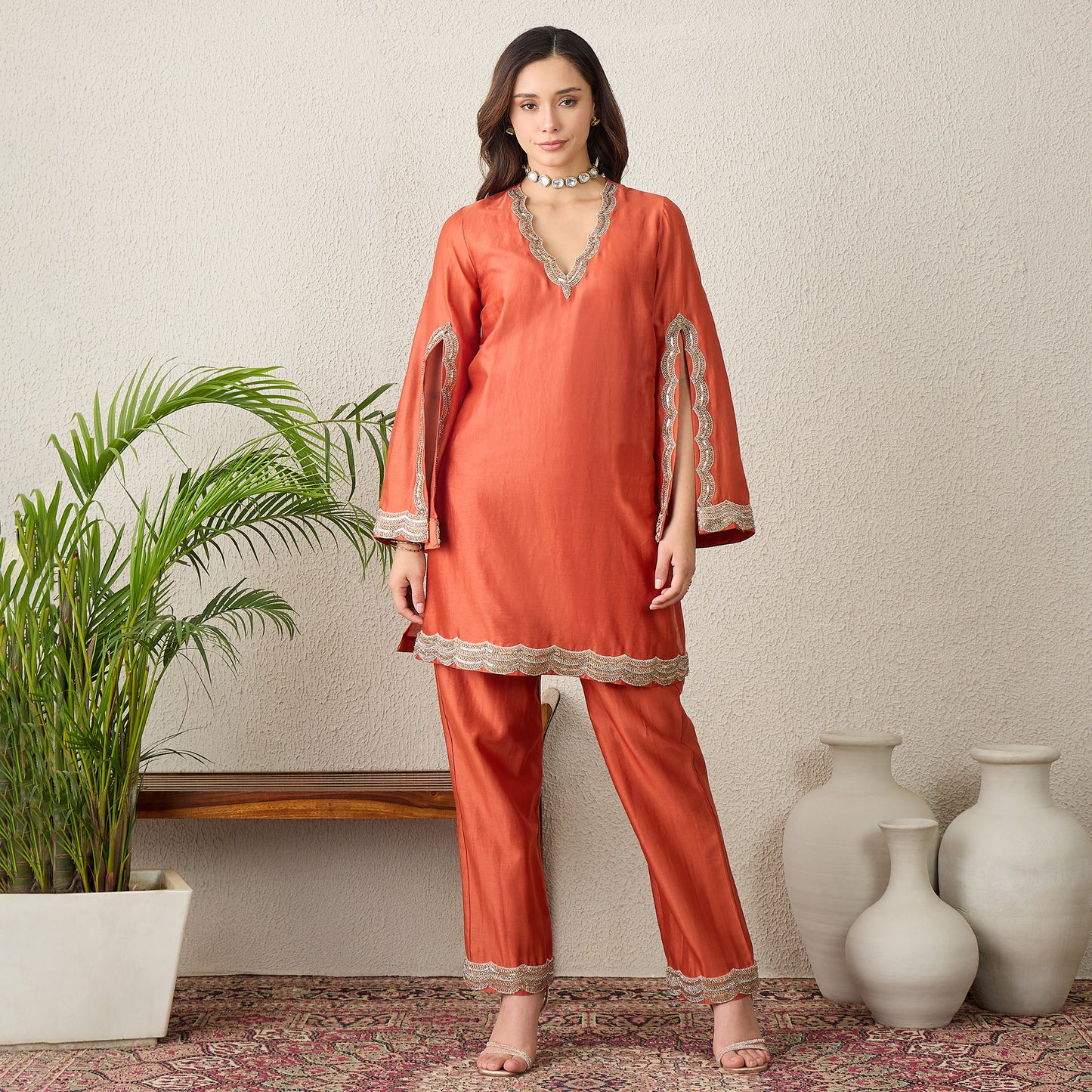 Orange Scallop Cut Kurta Set