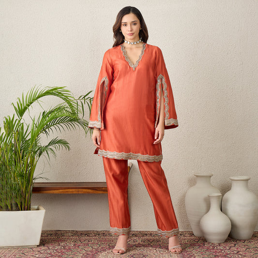 Orange Scallop Cut Kurta Set