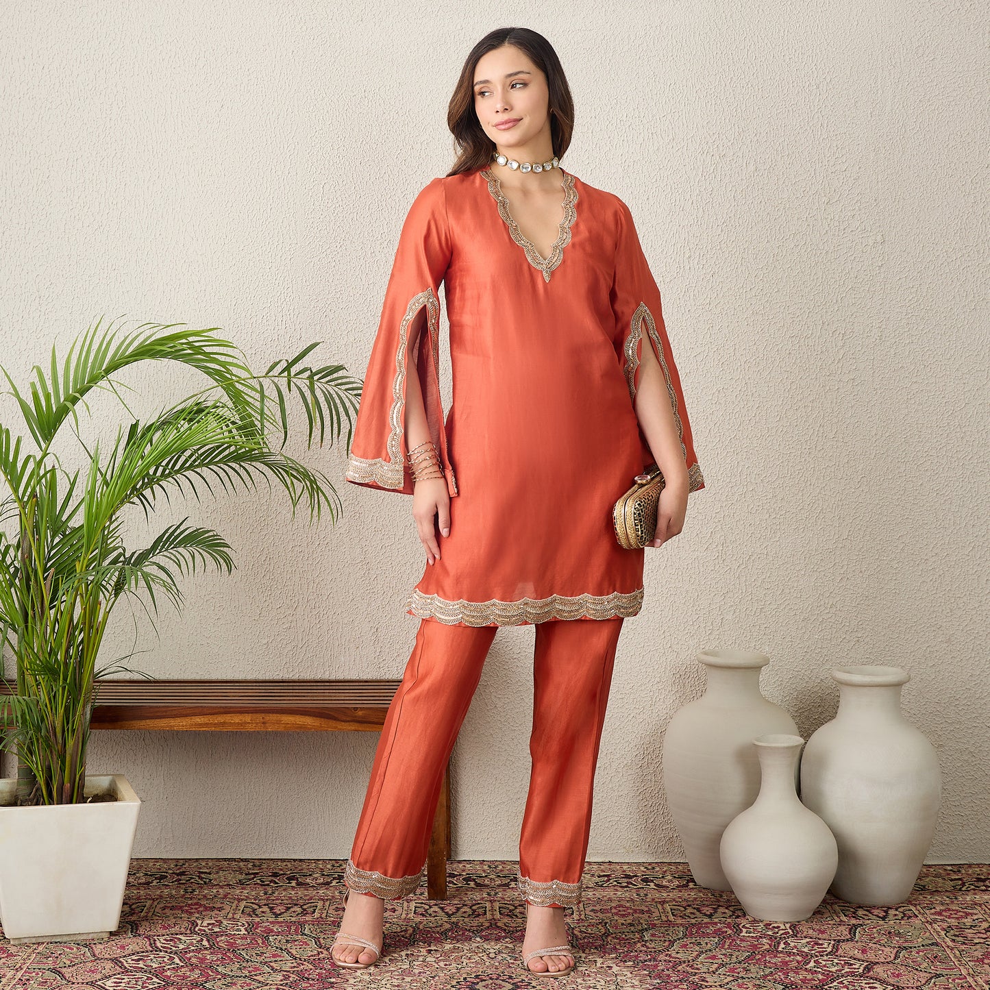 Orange Scallop Cut Kurta Set