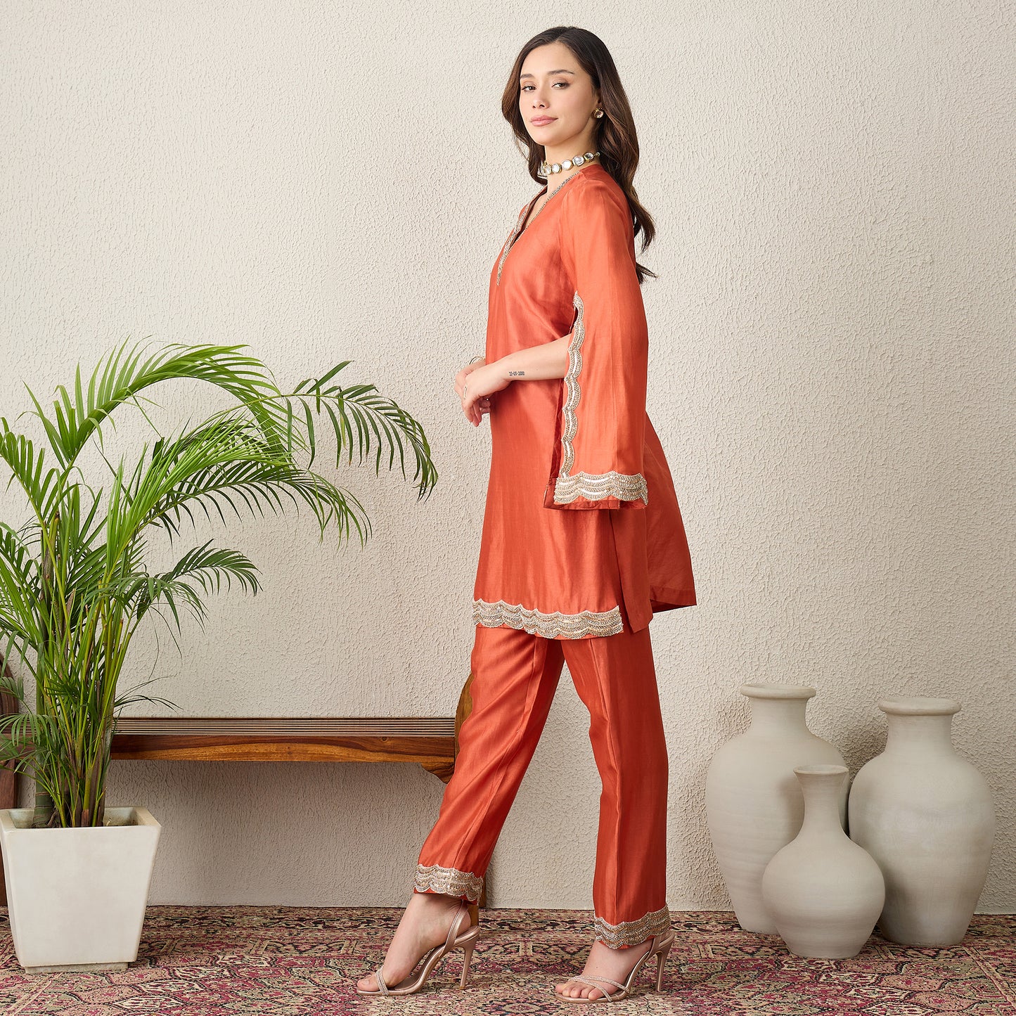 Orange Scallop Cut Kurta Set