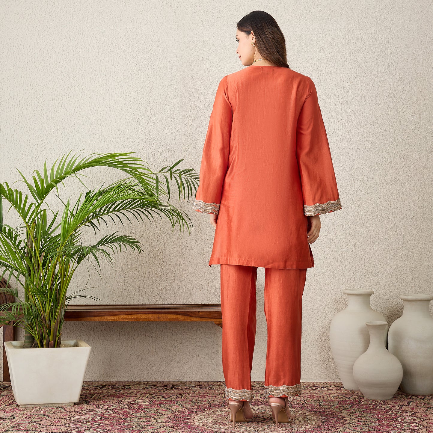 Orange Scallop Cut Kurta Set