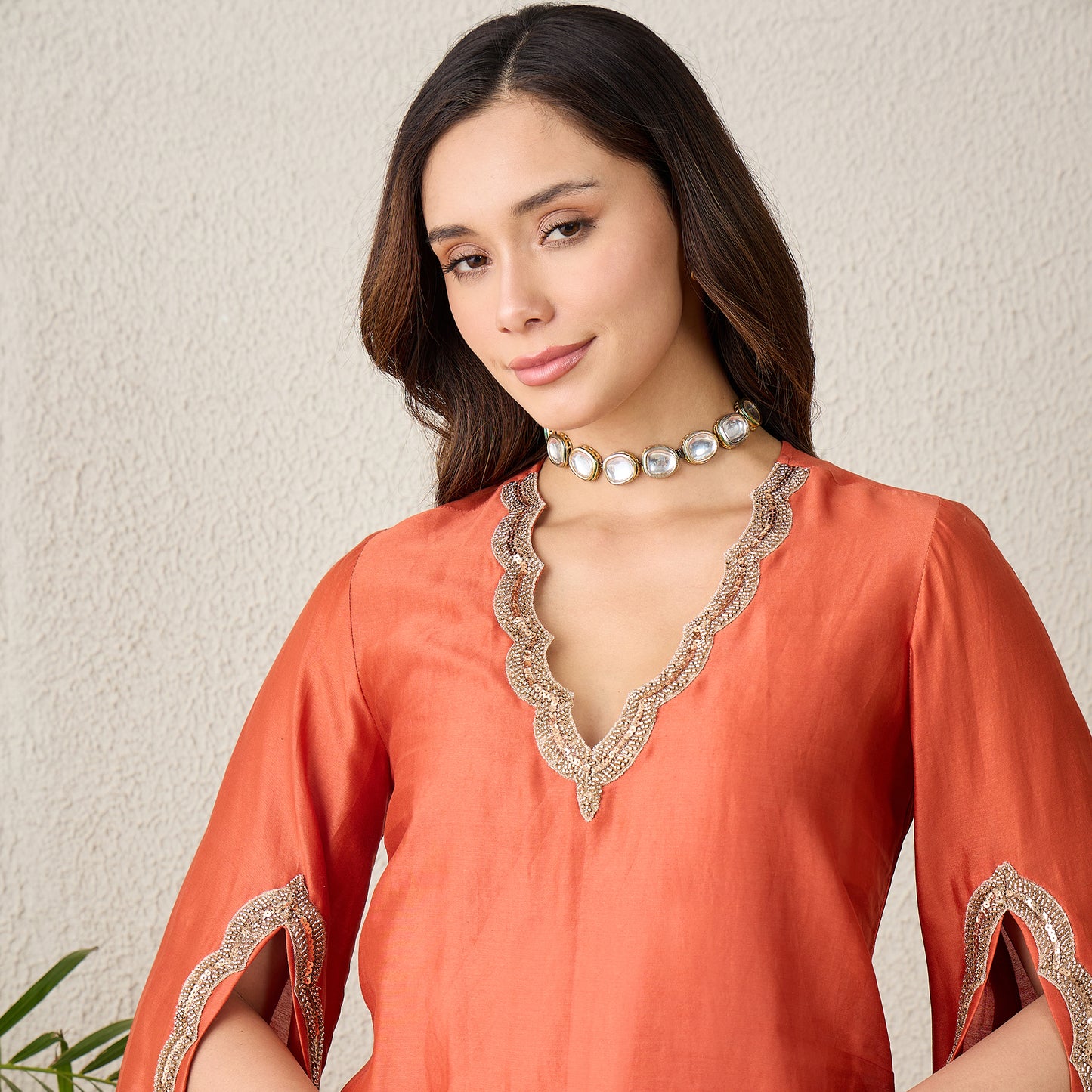 Orange Scallop Cut Kurta Set