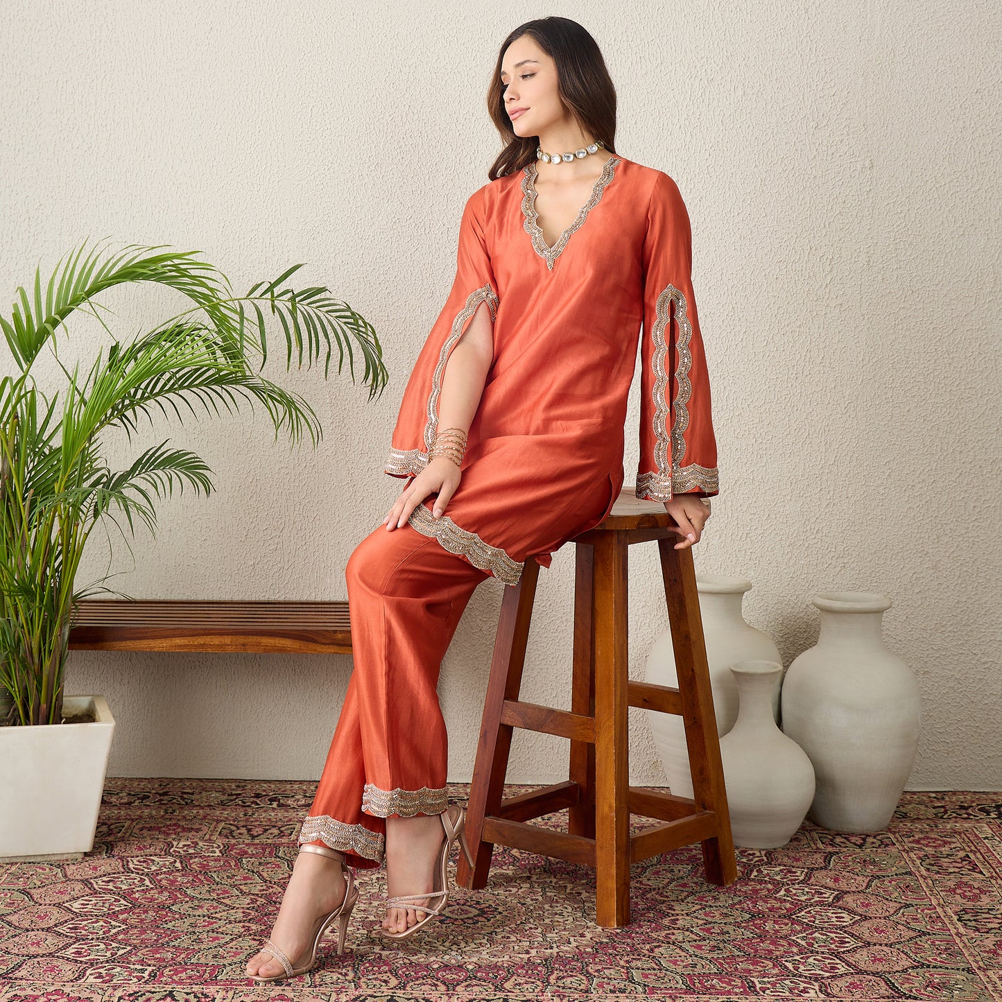 Orange Scallop Cut Kurta Set