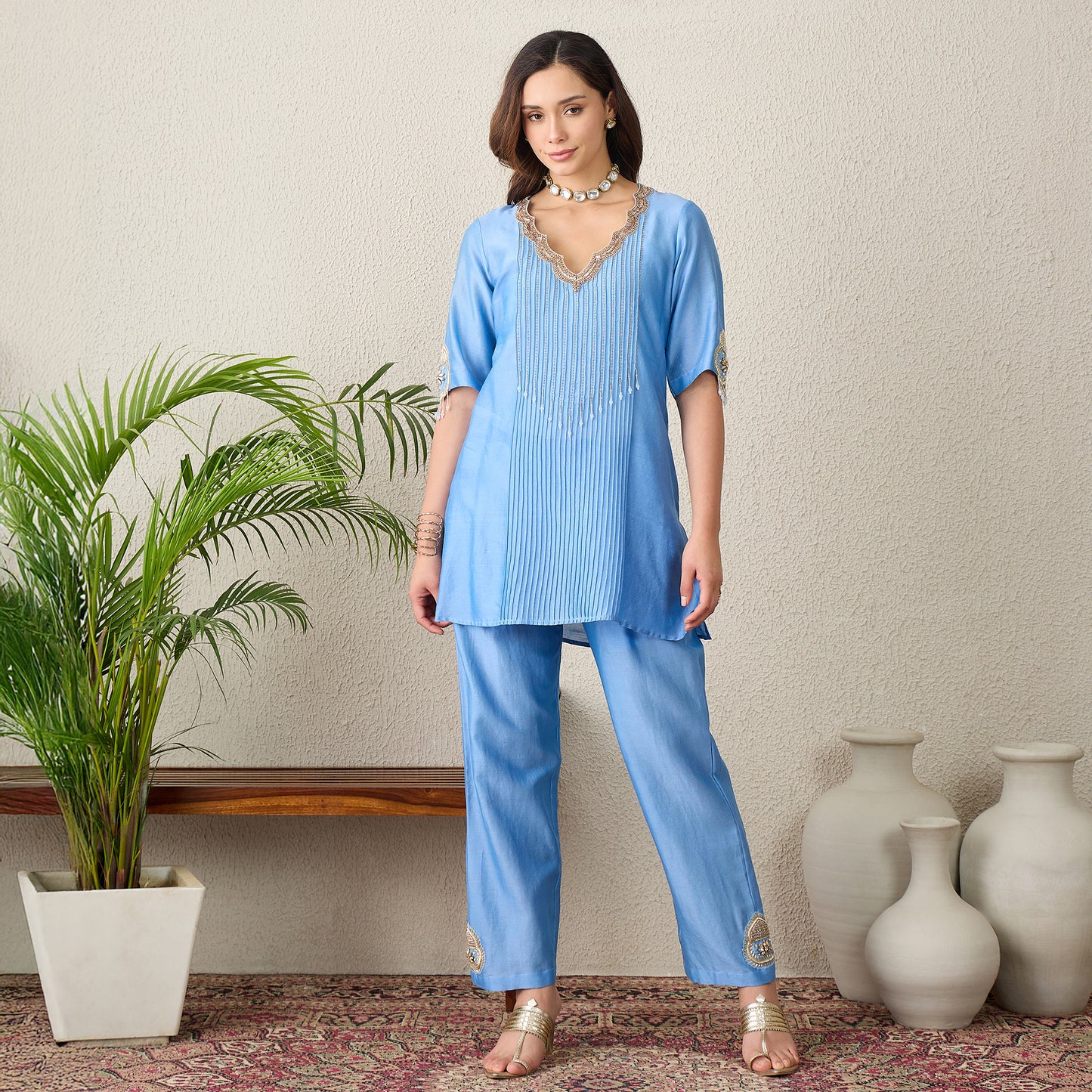 Sky Blue Scallop Neck Pintuck Kurta Set