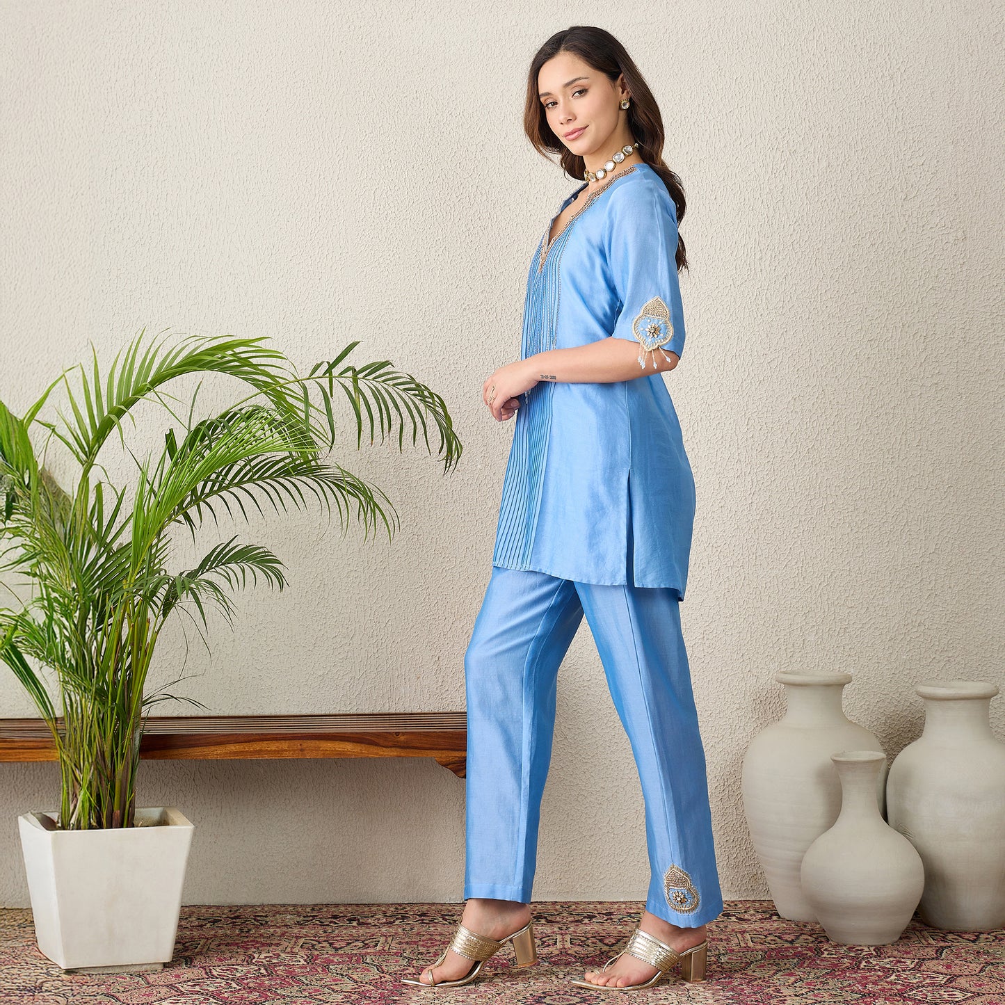 Sky Blue Scallop Neck Pintuck Kurta Set
