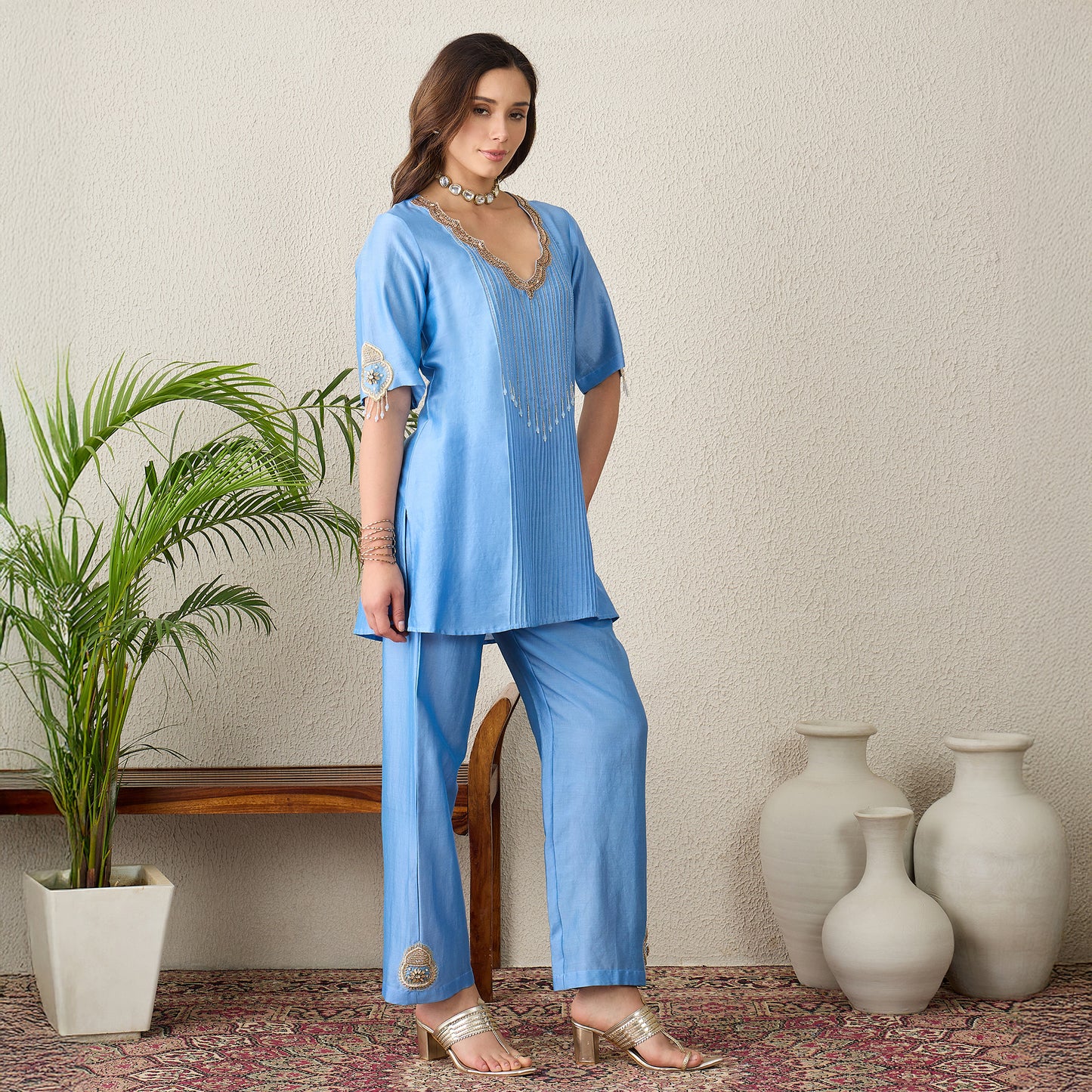 Sky Blue Scallop Neck Pintuck Kurta Set