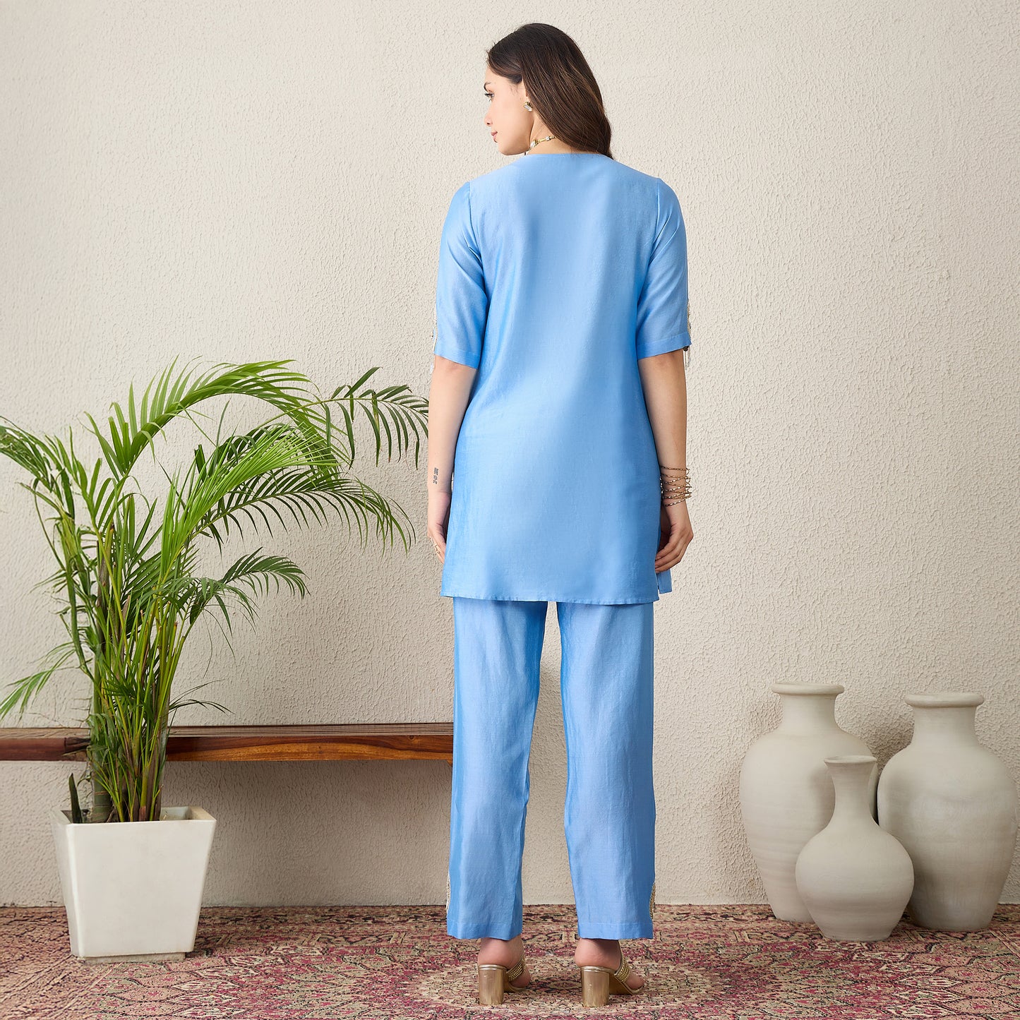 Sky Blue Scallop Neck Pintuck Kurta Set