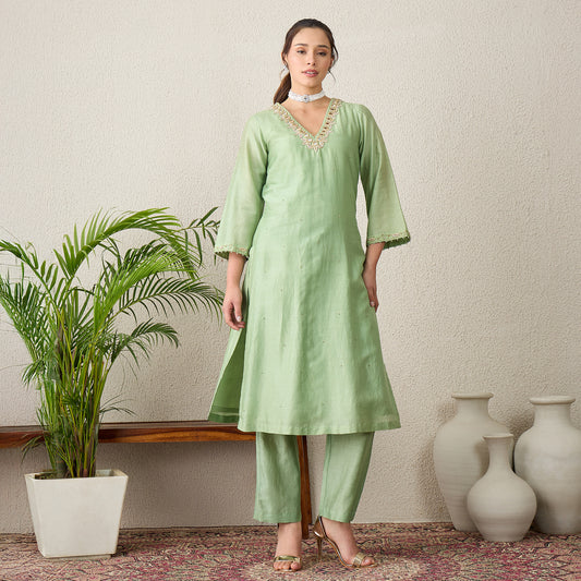 Pistacchio Green Yoke Embroidered Kurta with Pants Set