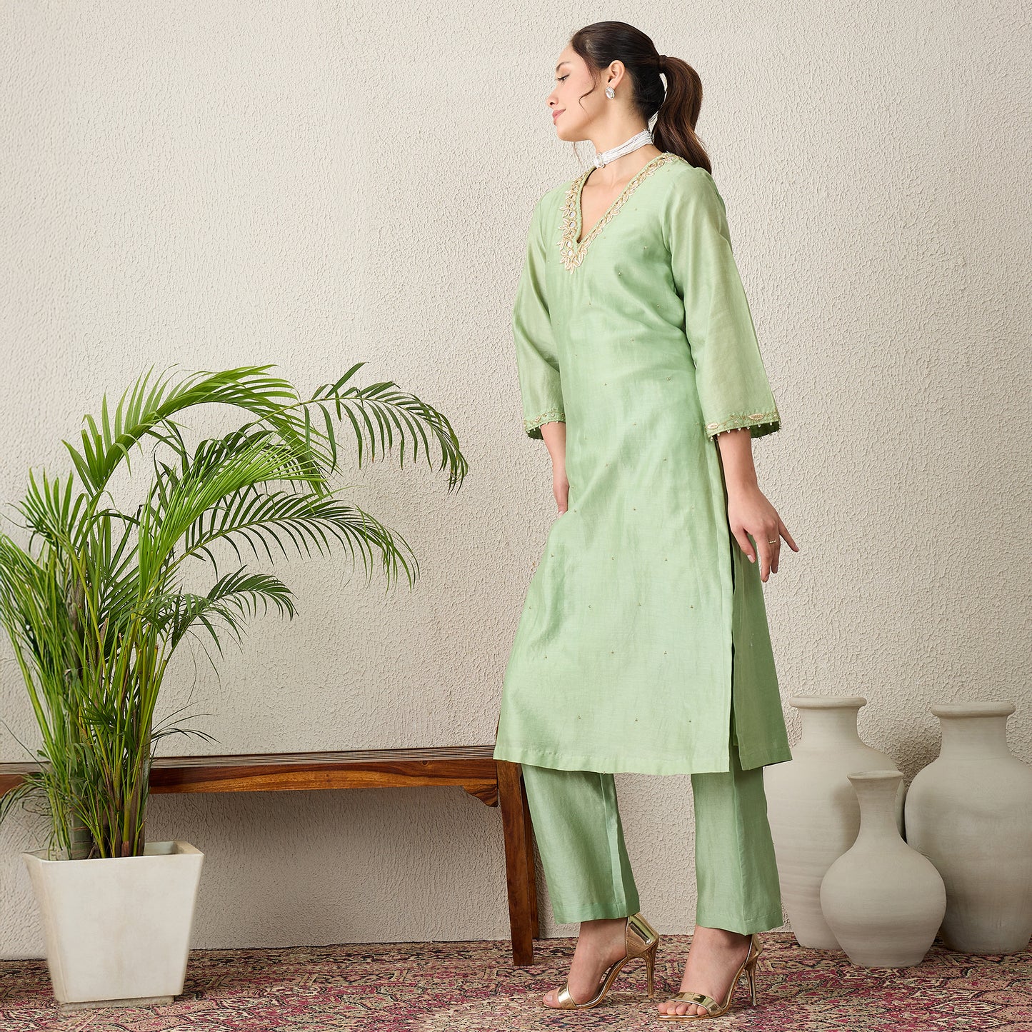 Pistacchio Green Yoke Embroidered Kurta with Pants Set