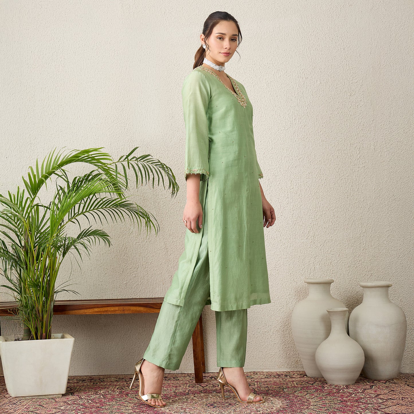 Pistacchio Green Yoke Embroidered Kurta with Pants Set
