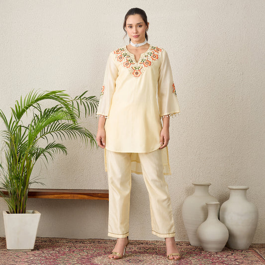 Cream Floral Embroidered High-Low Kurta with Pants Set