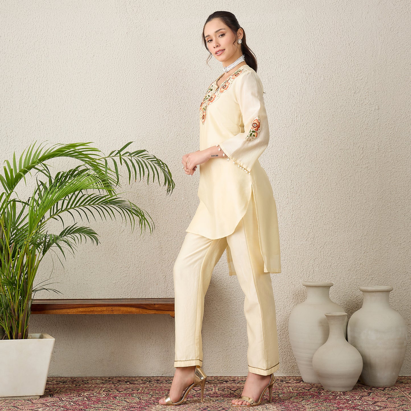 Cream Floral Embroidered High-Low Kurta with Pants Set