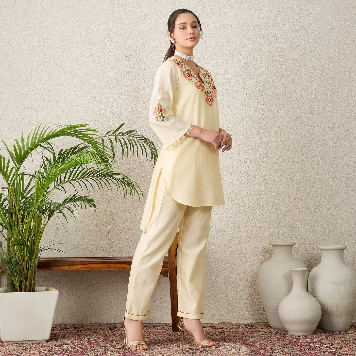 Cream Floral Embroidered High-Low Kurta with Pants Set