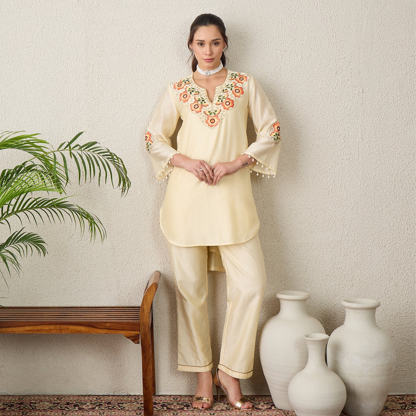 Cream Floral Embroidered High-Low Kurta with Pants Set