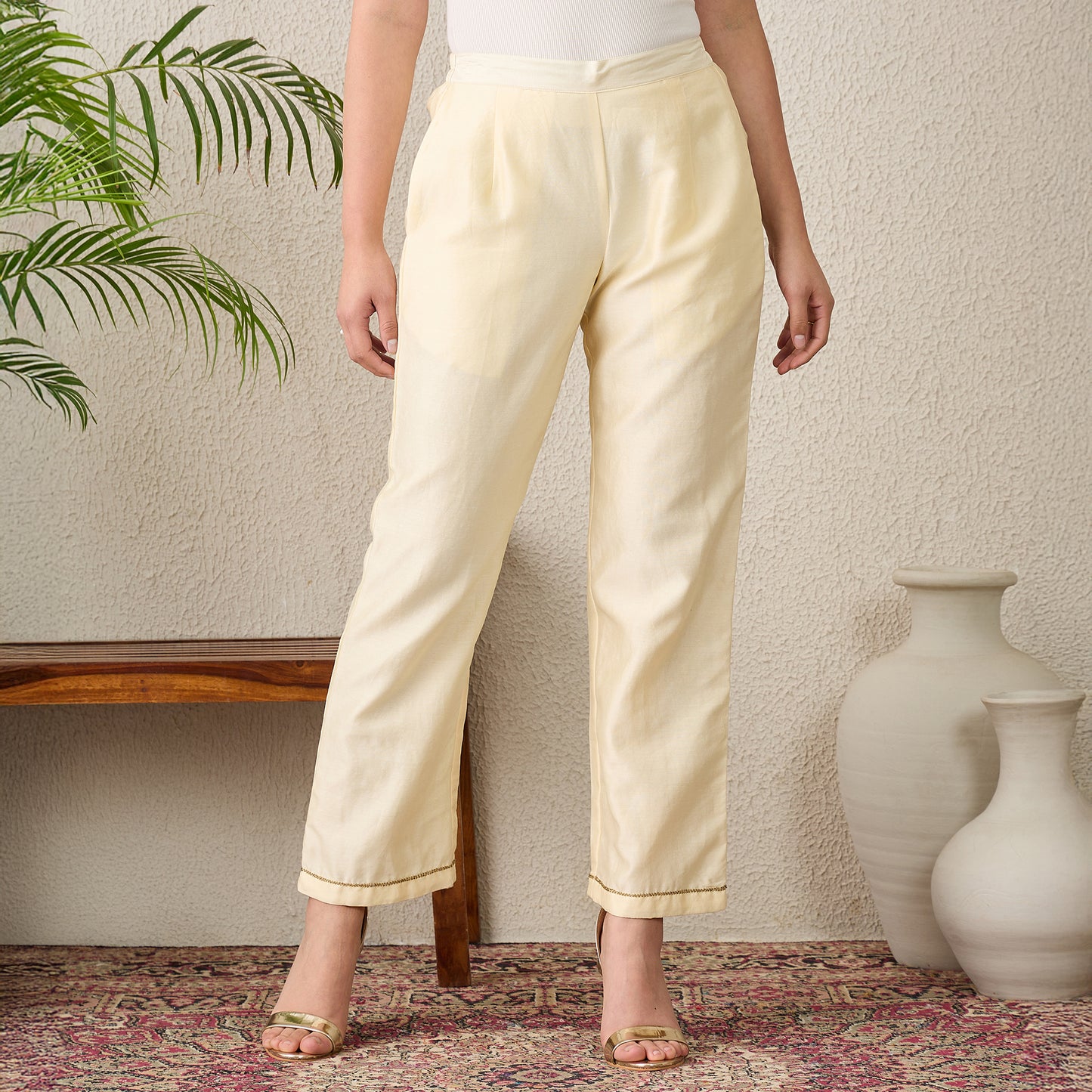 Cream Floral Embroidered High-Low Kurta with Pants Set