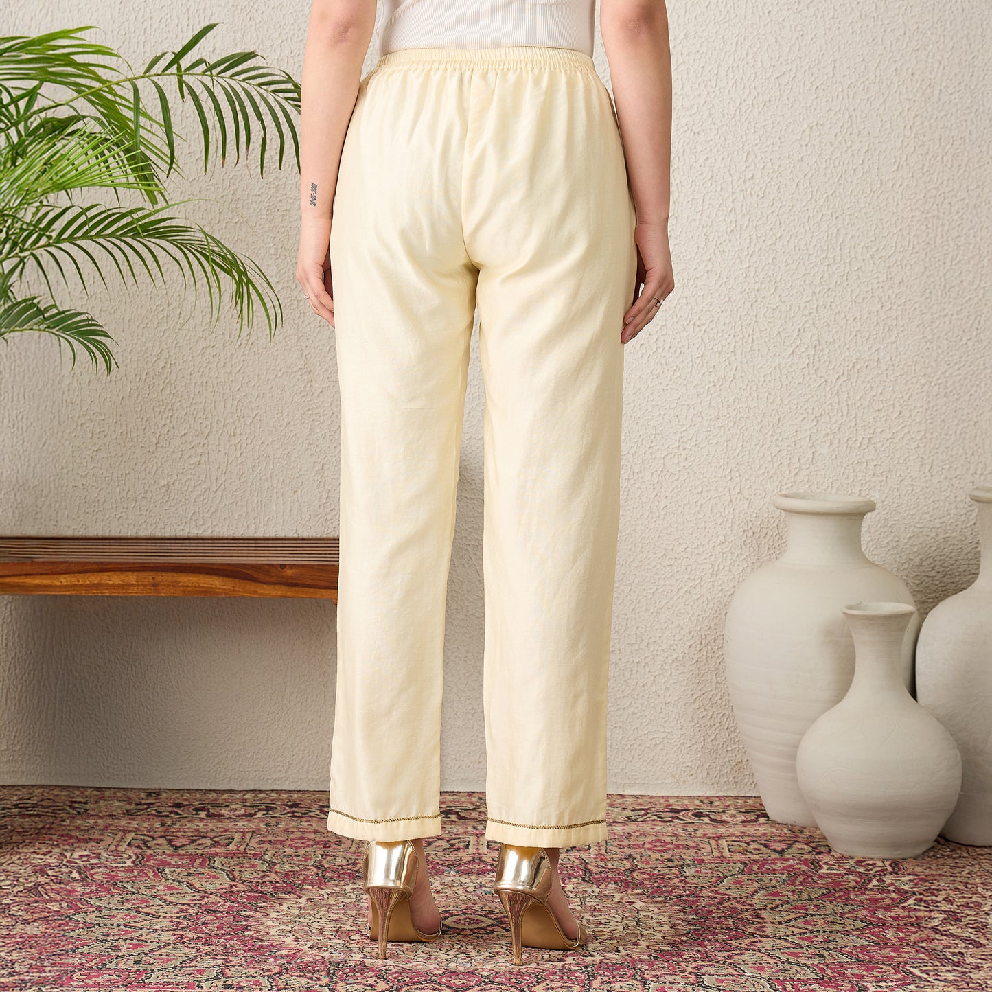 Cream Floral Embroidered High-Low Kurta with Pants Set