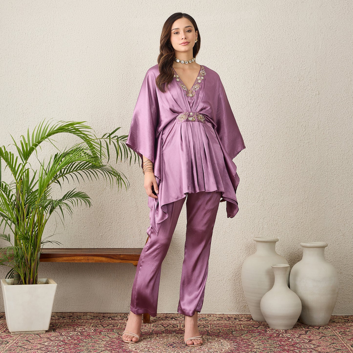 Lavender Belt Detail Hand Embroidered Top with Pants Set