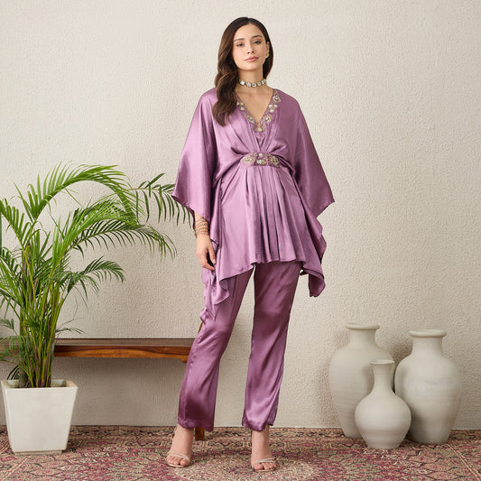 Lavender Belt Detail Hand Embroidered Top with Pants Set