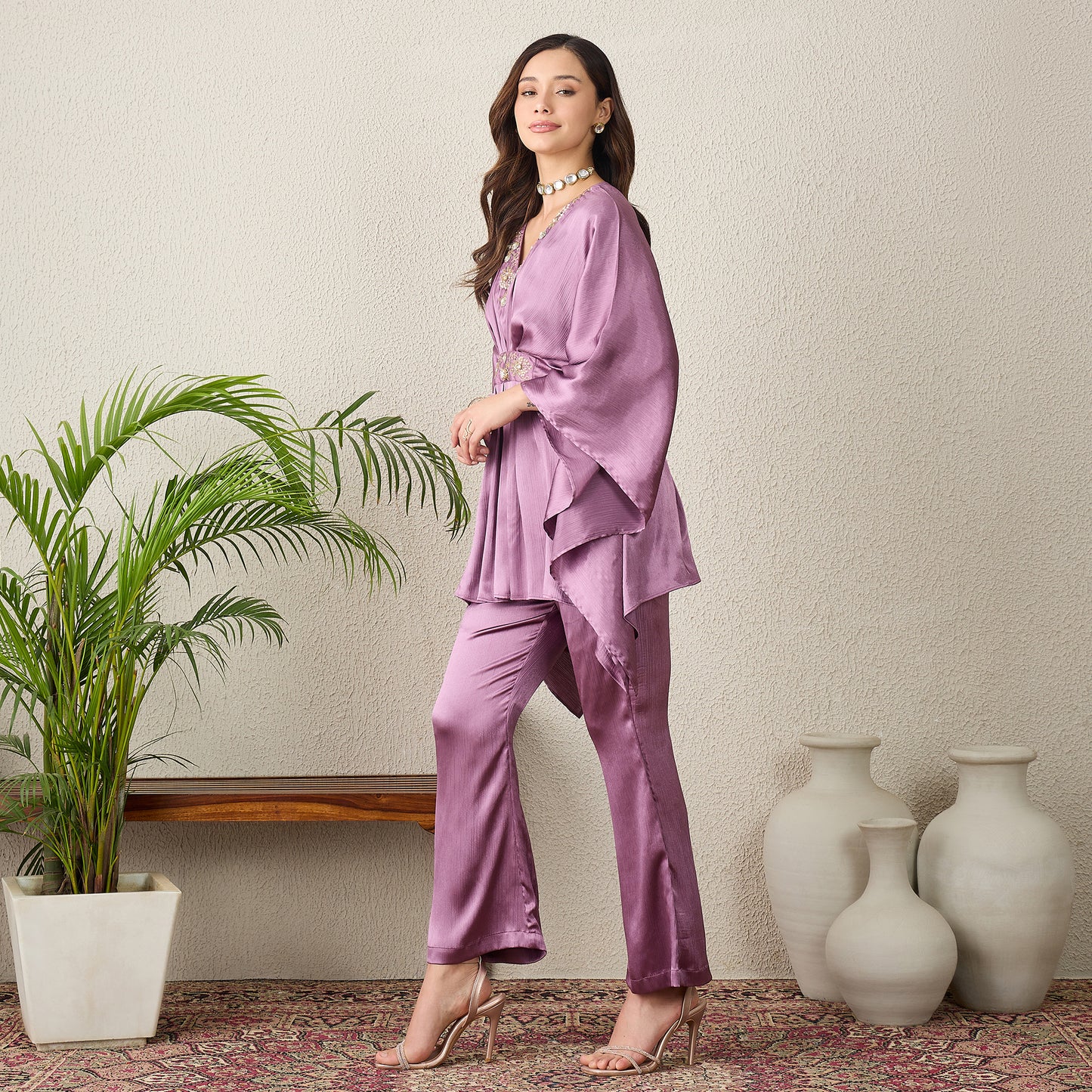 Lavender Belt Detail Hand Embroidered Top with Pants Set