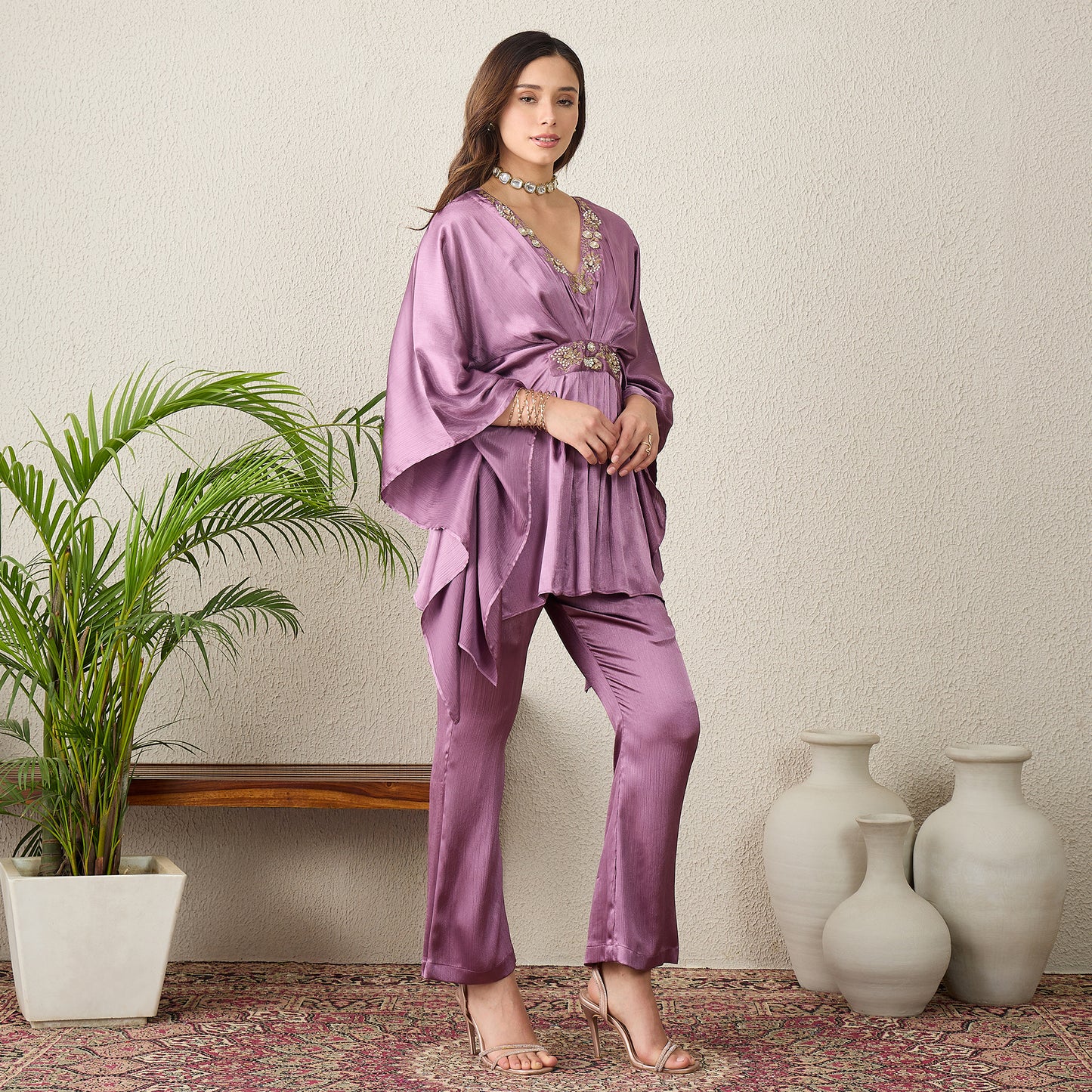 Lavender Belt Detail Hand Embroidered Top with Pants Set