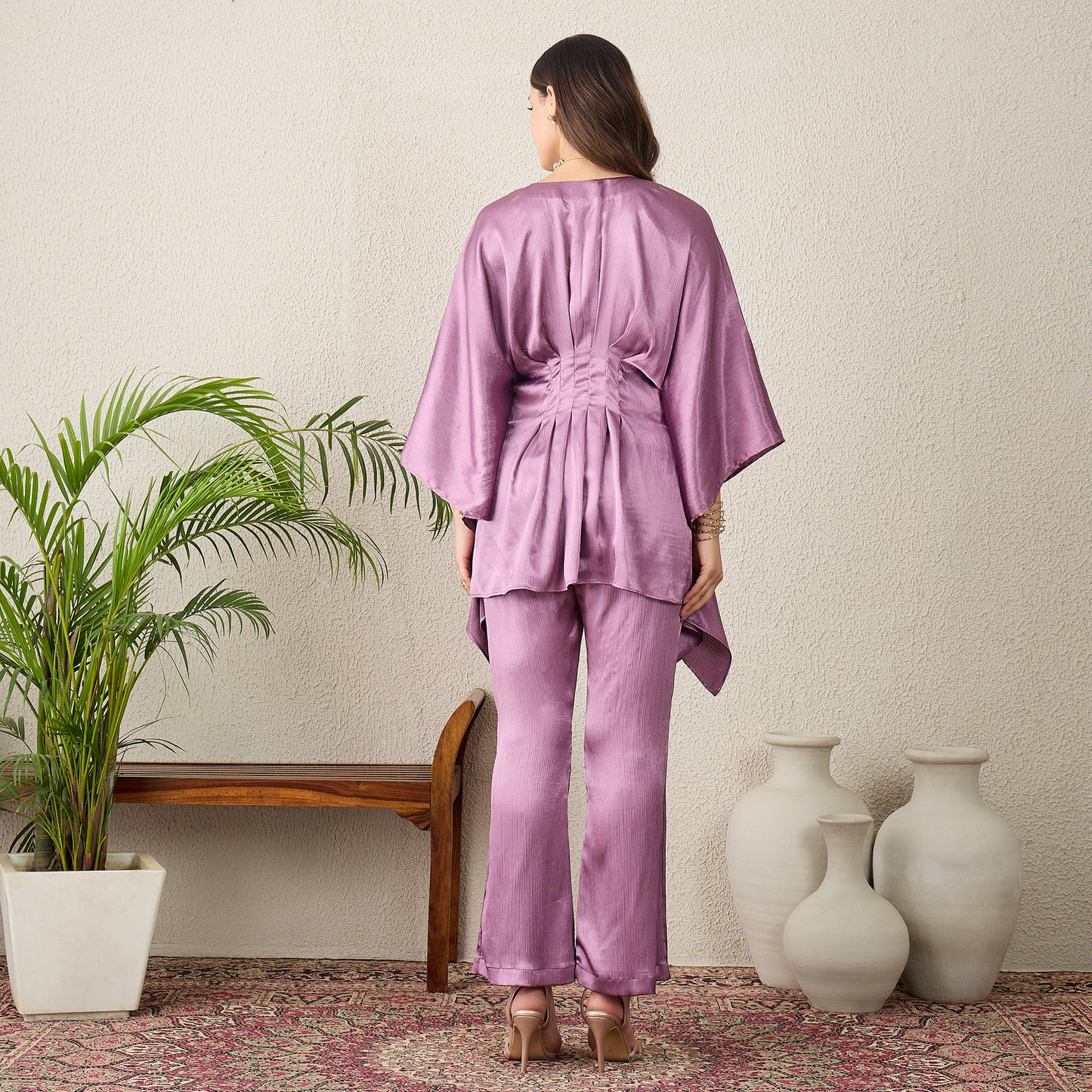 Lavender Belt Detail Hand Embroidered Top with Pants Set