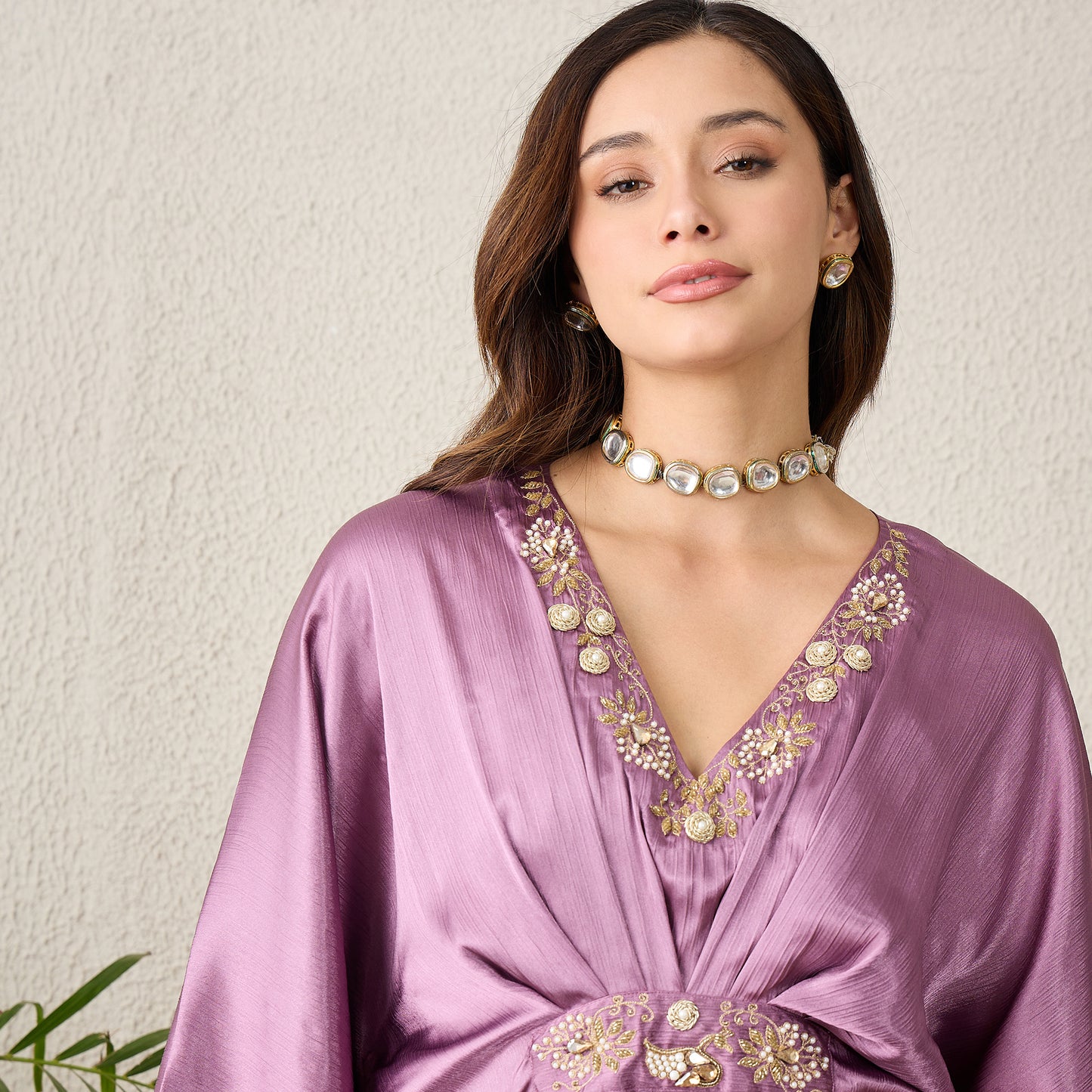 Lavender Belt Detail Hand Embroidered Top with Pants Set