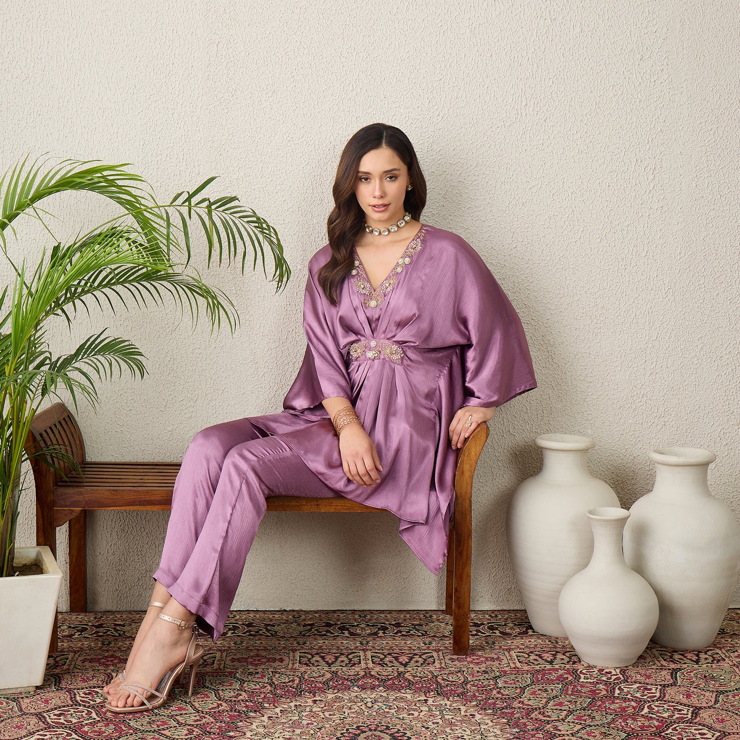 Lavender Belt Detail Hand Embroidered Top with Pants Set