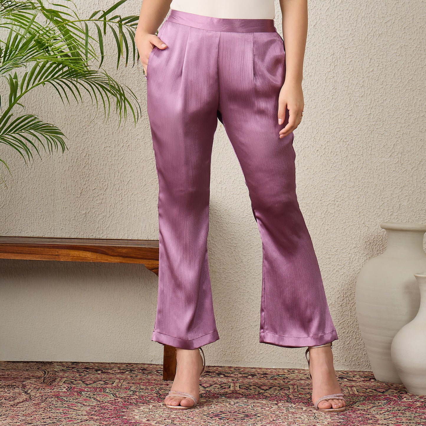 Lavender Belt Detail Hand Embroidered Top with Pants Set