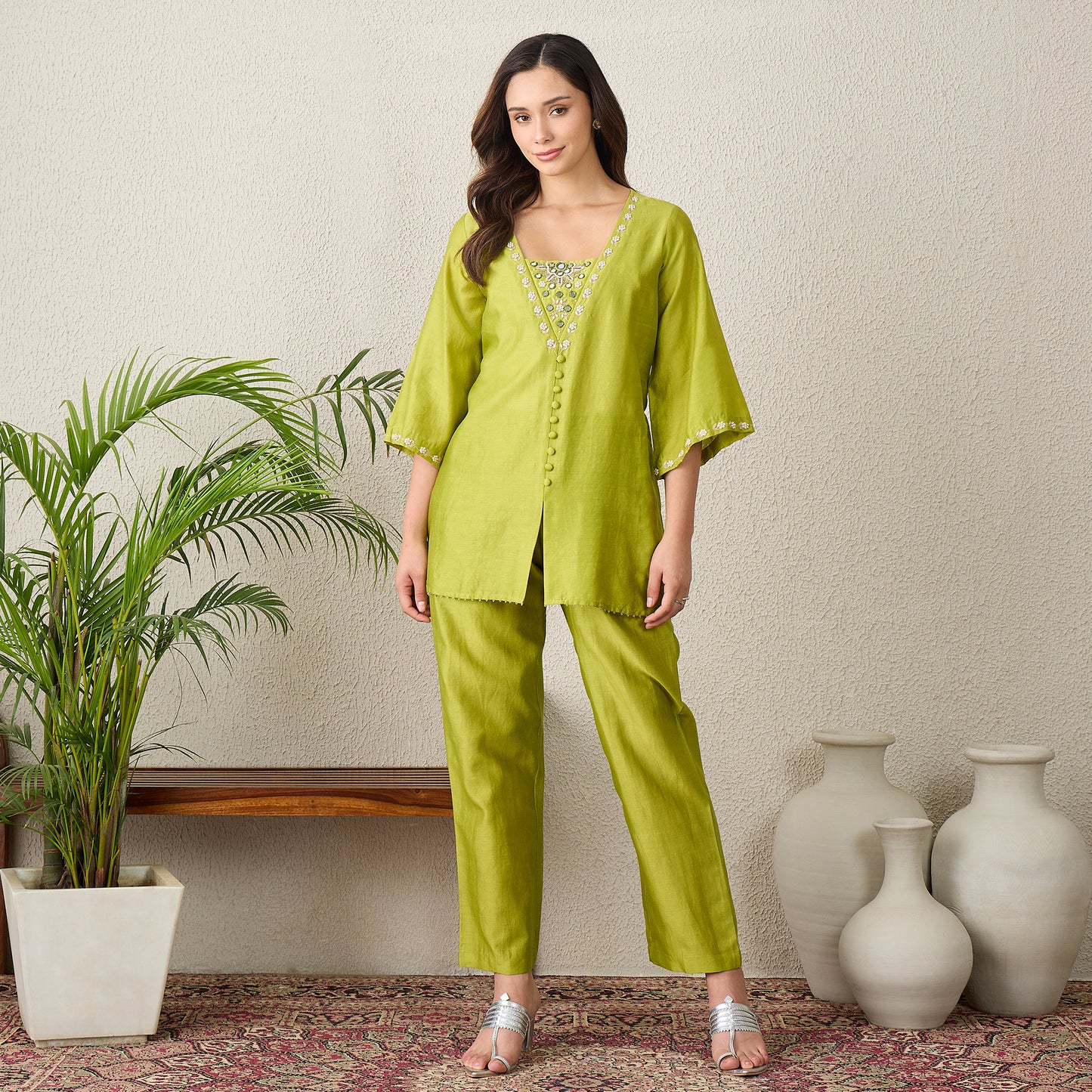 Lime Green Hand Embroidered Top with Pants Set
