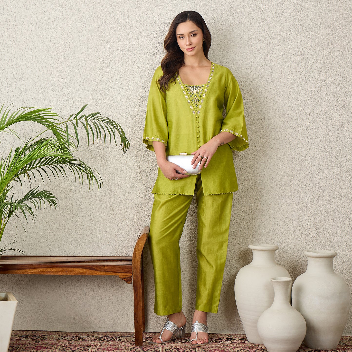 Lime Green Hand Embroidered Top with Pants Set