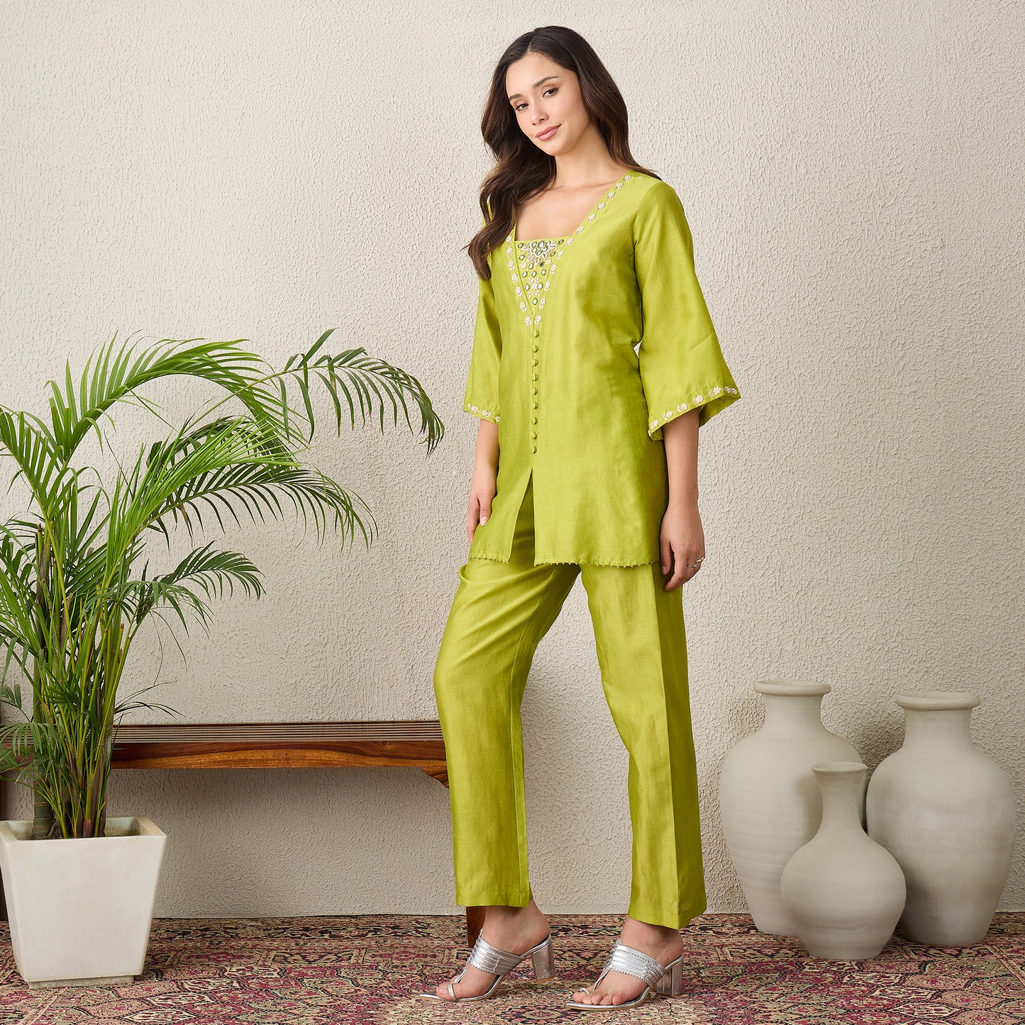 Lime Green Hand Embroidered Top with Pants Set