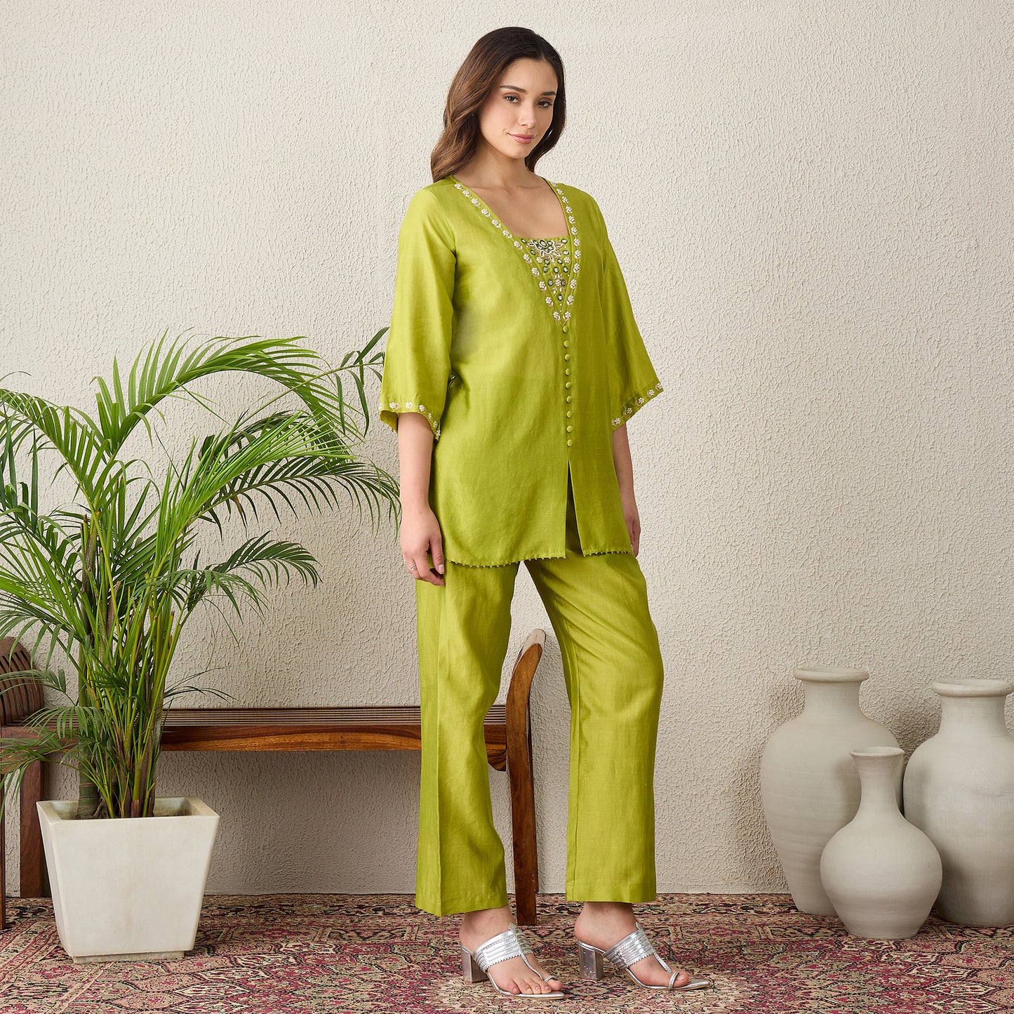 Lime Green Hand Embroidered Top with Pants Set