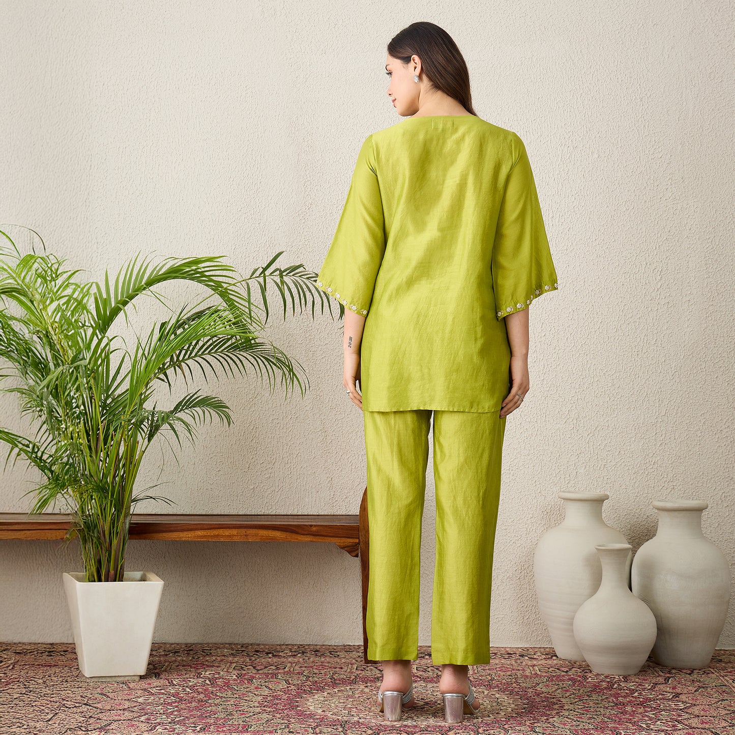 Lime Green Hand Embroidered Top with Pants Set