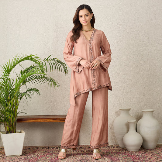Dusky Rose Border Embroidered Top with Pants Set