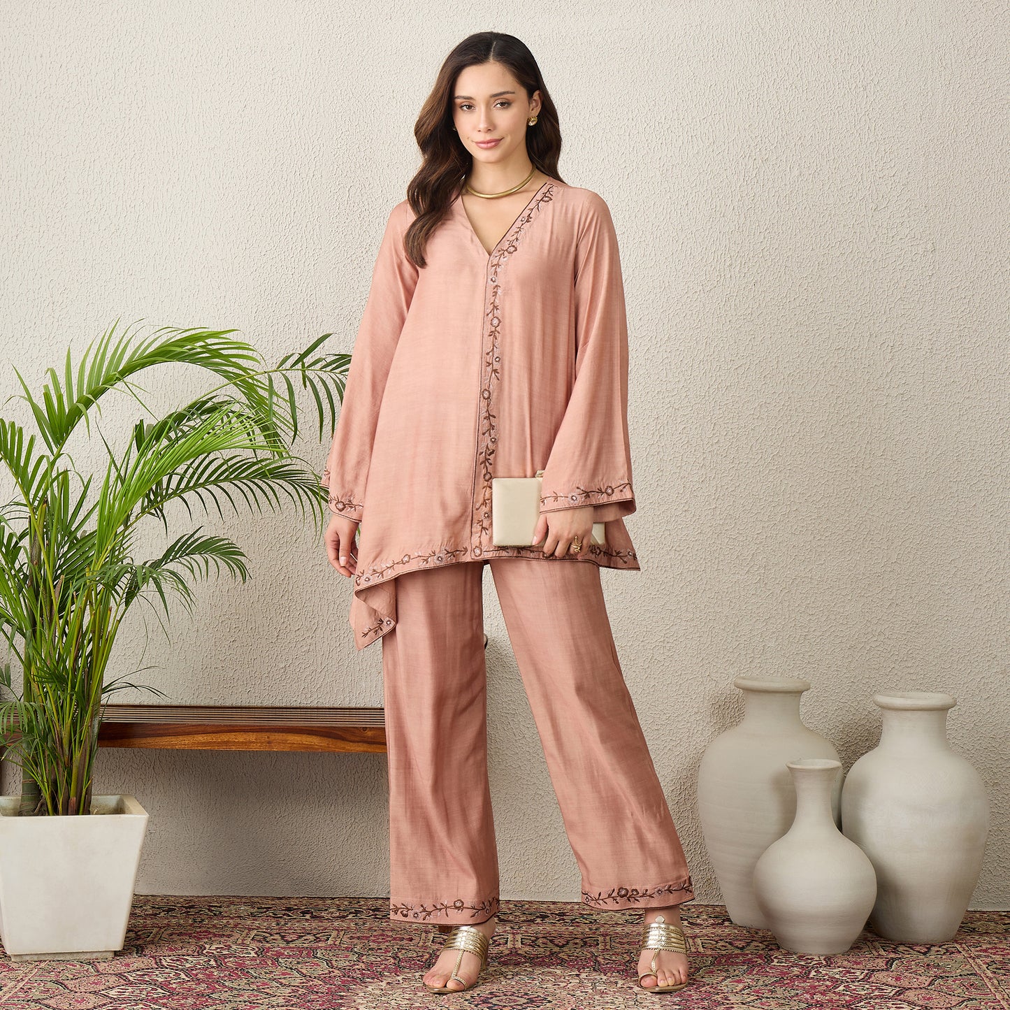 Dusky Rose Border Embroidered Top with Pants Set