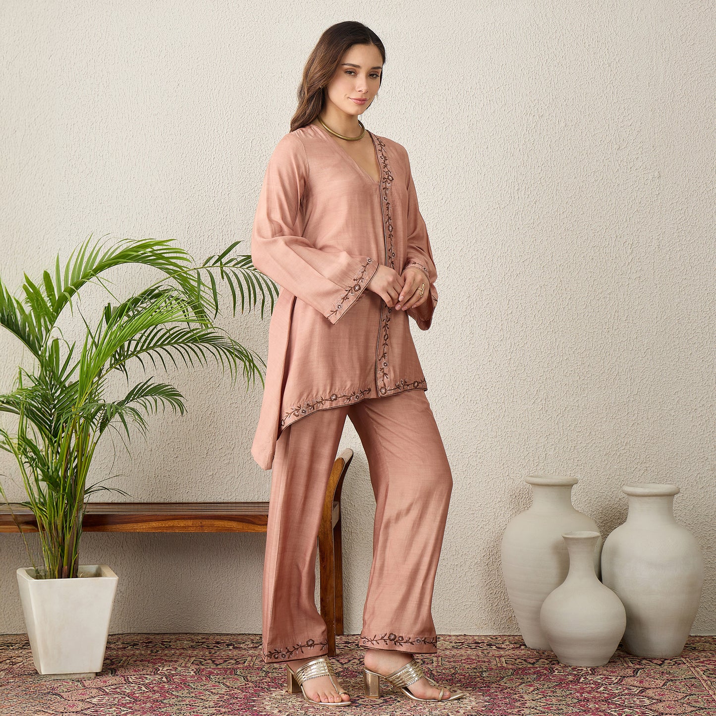 Dusky Rose Border Embroidered Top with Pants Set