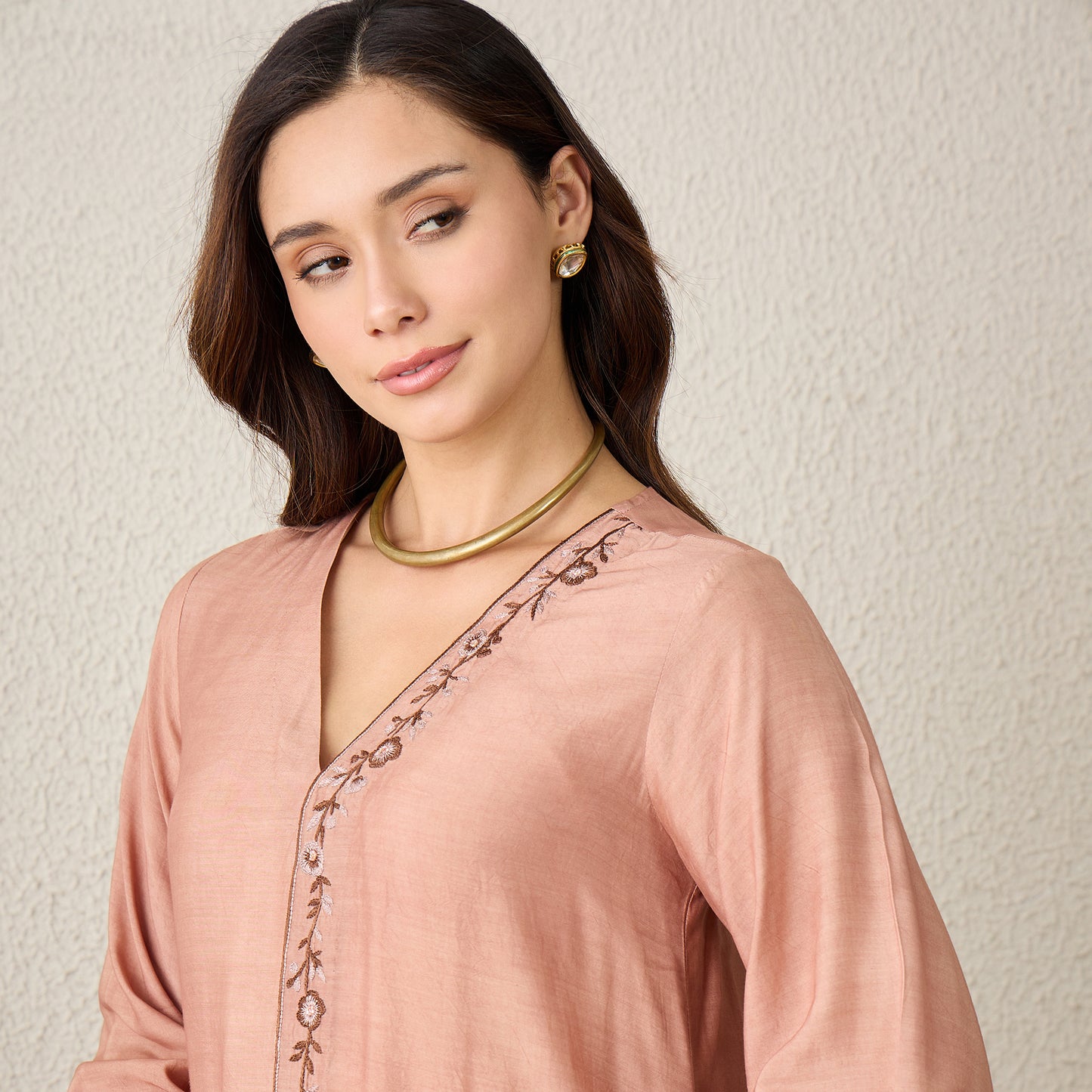 Dusky Rose Border Embroidered Top with Pants Set