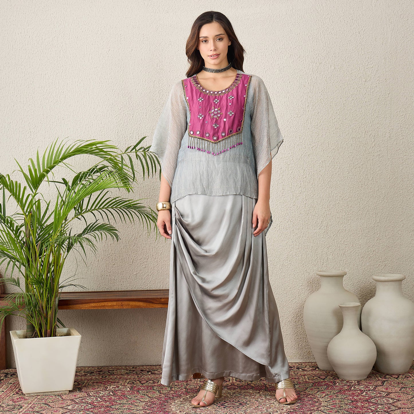 Grey and Purple Hand Embroidered Kaftan Top with Skirt Set